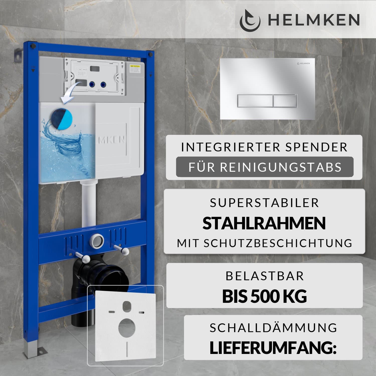 WC-Vorwandelement Helmken im 4-in-1-Set: Vorwandelement, Betätigungsplatte Satin (HD), Box für WC-Hygienewürfel, Schallschutzmatte