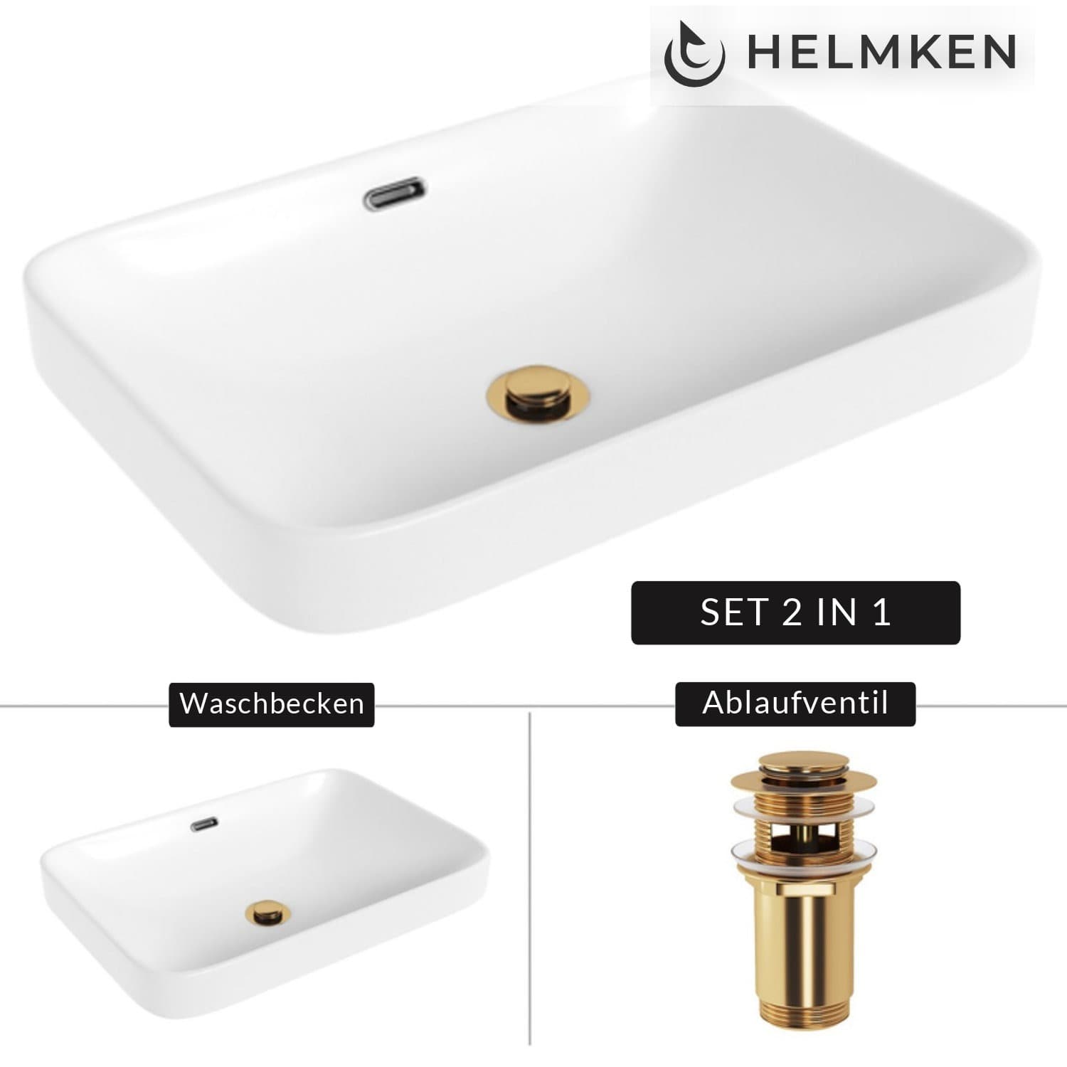 Aufsatzwaschbecken Helmken 441A52000, 52 x 36 cm, Weiß + Click-Clack-Ventil Gold