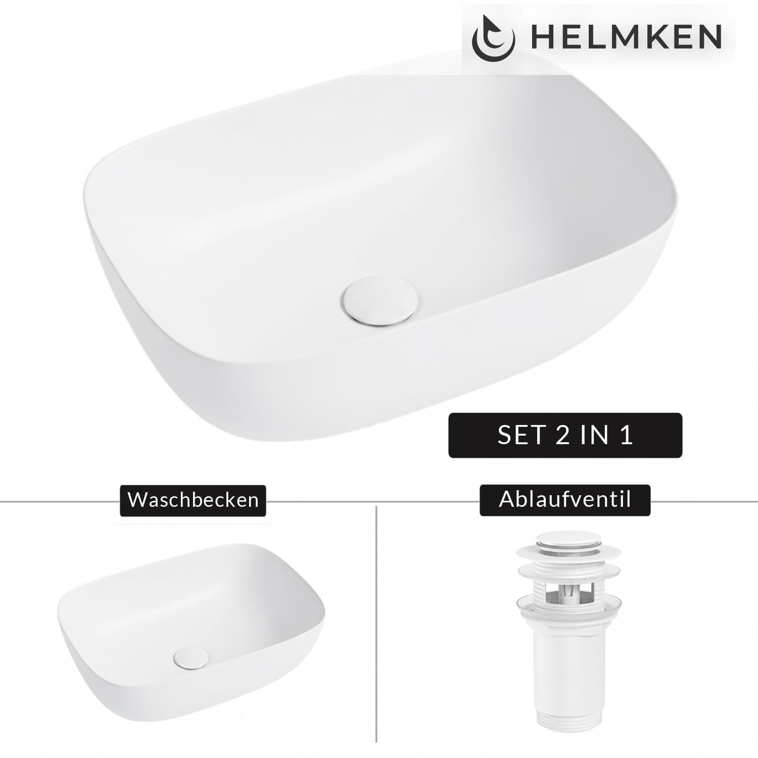 Aufsatzwaschbecken Helmken 49346000, 46 x 32 cm, Weiß + Click-Clack-Ventil Weiß