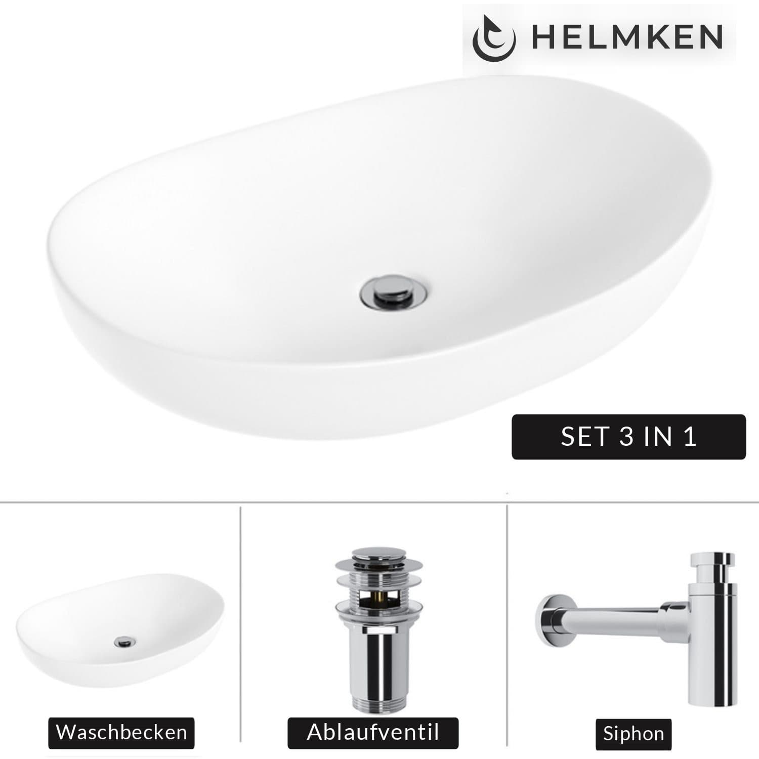 Aufsatzwaschbecken Helmken 50263000, 63 x 42 cm, Weiß + Siphon Chrom + Click-Clack-Ventil Chrom