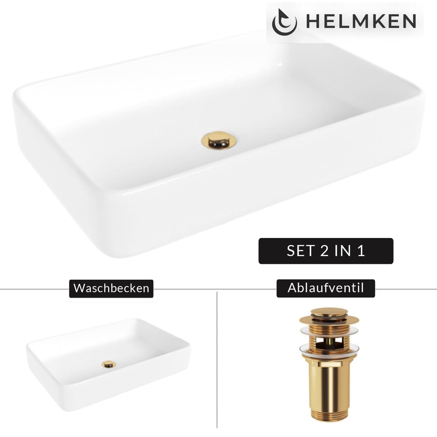 Aufsatzwaschbecken Helmken 84261000, 61,5 x 41 cm, Weiß + Click-Clack-Ventil Gold