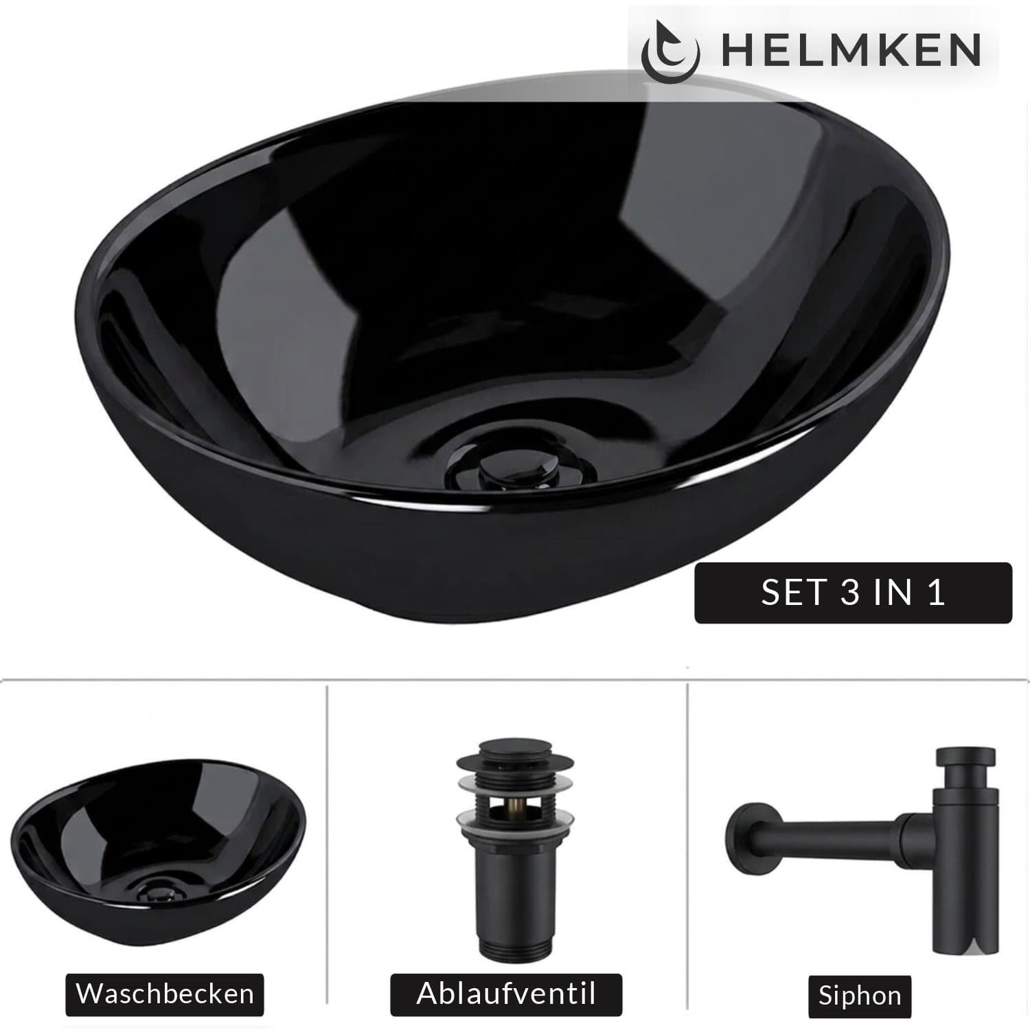 Aufsatzwaschbecken Helmken 65241001, 41 x 34 cm, Schwarz + Siphon Schwarz matt + Click-Clack-Ventil Schwarz matt
