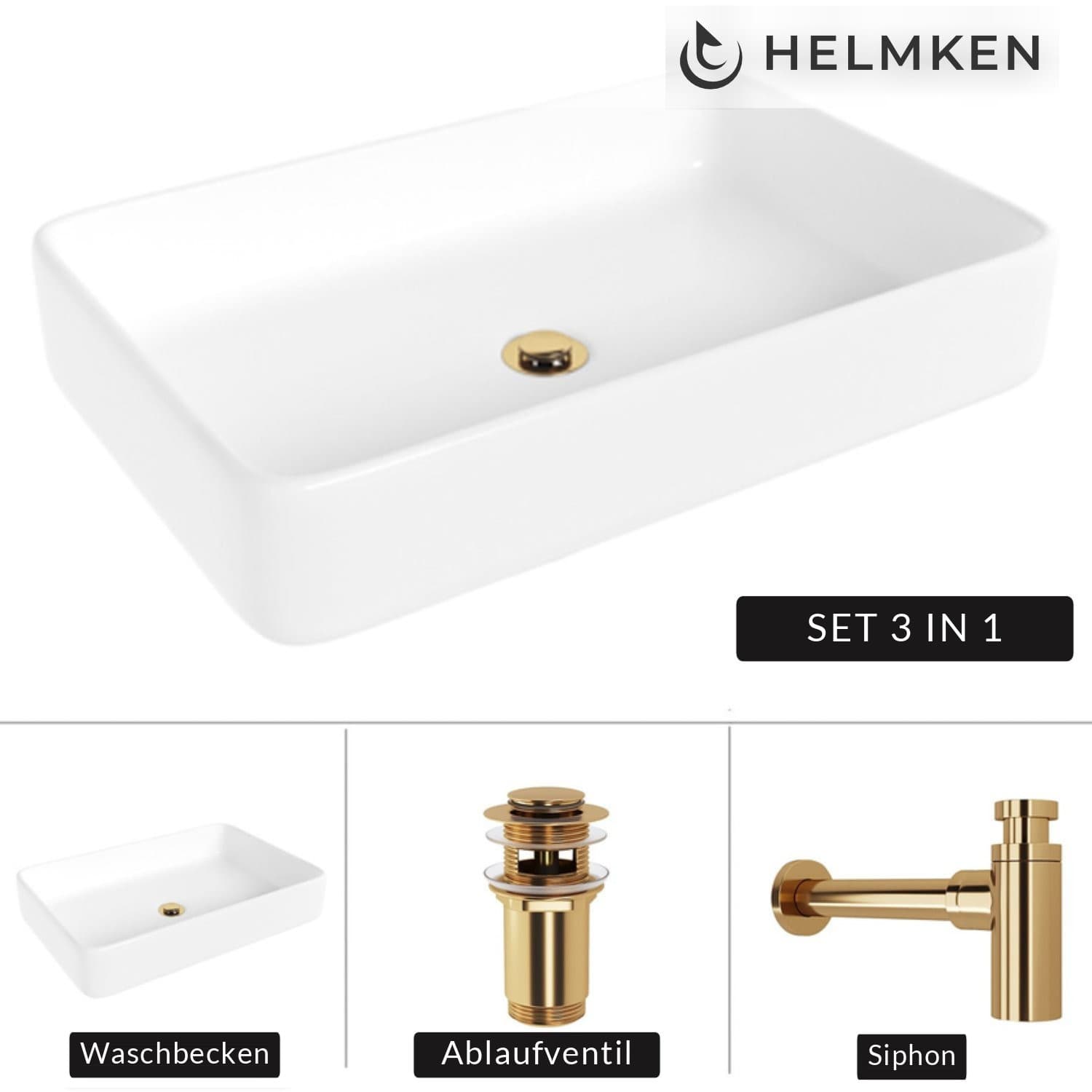 Aufsatzwaschbecken Helmken 84261000, 61,5 x 41 cm, Weiß + Siphon Gold + Click-Clack-Ventil Gold