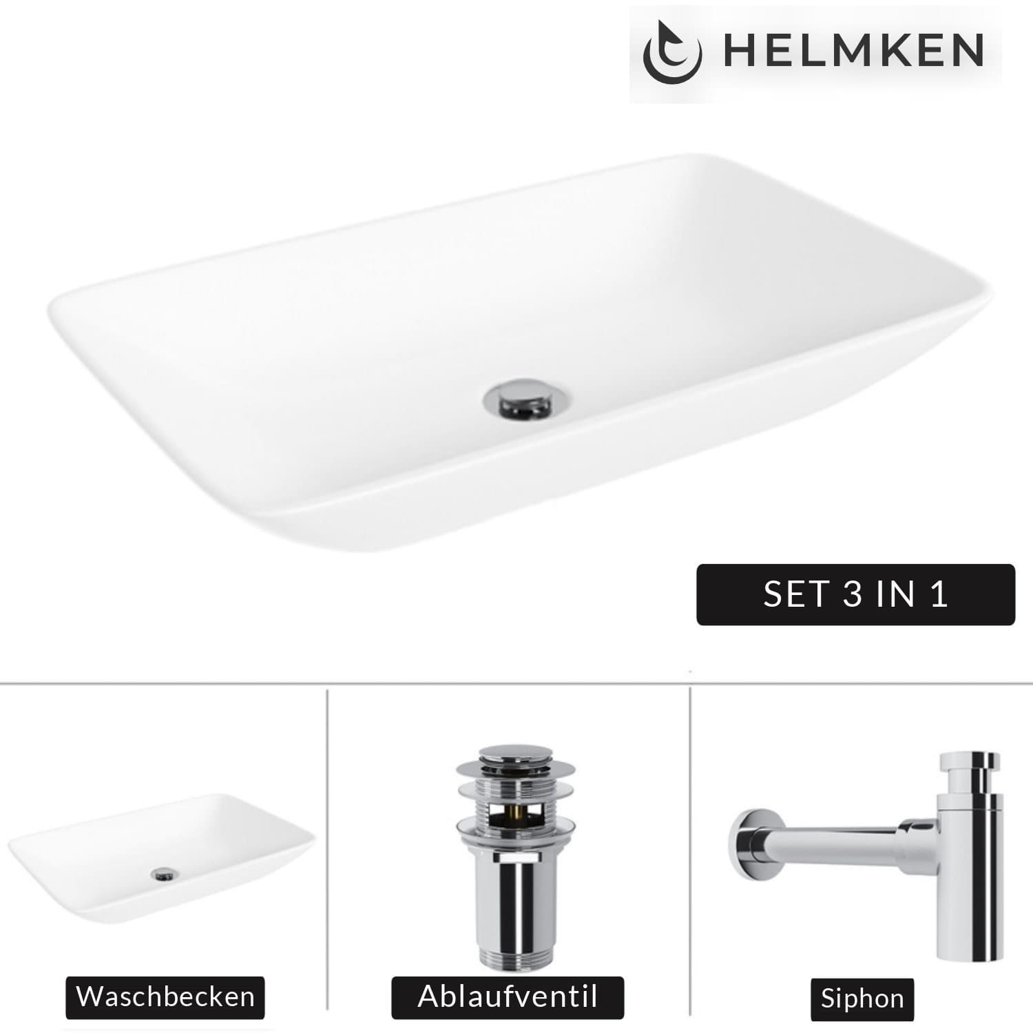 Aufsatzwaschbecken Helmken 54059000, 59 x 36 cm, Weiß + Siphon Chrom + Click-Clack-Ventil Chrom