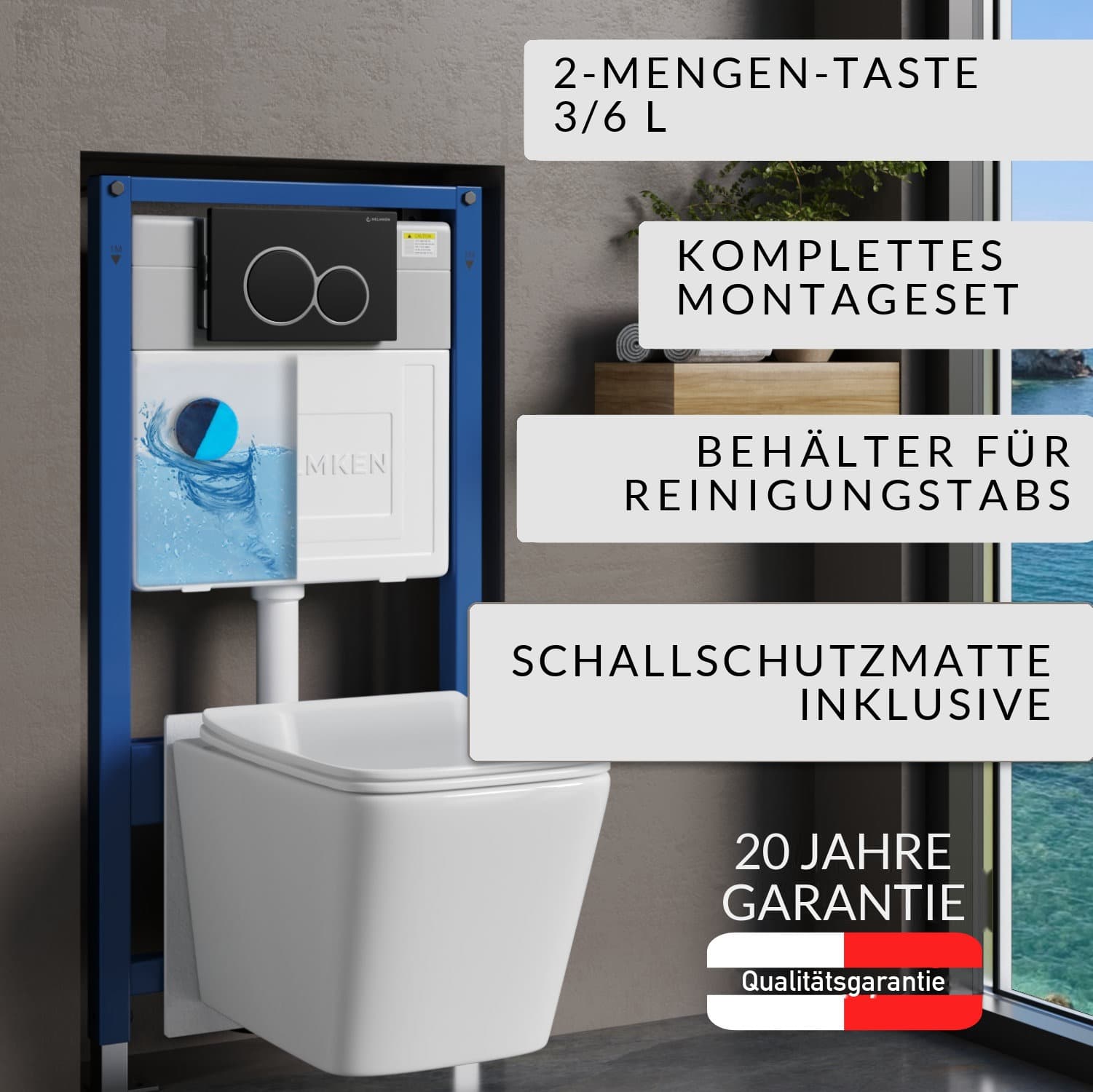 WC-Vorwandelement Helmken 35120001 im 6-in-1-Set: Betätigungsplatte Schwarz matt (E), spülrandloses Wand-WC Rimless, WC-Sitz mit Absenkautomatik, Box für WC-Hygienewürfel, Schallschutzmatte
