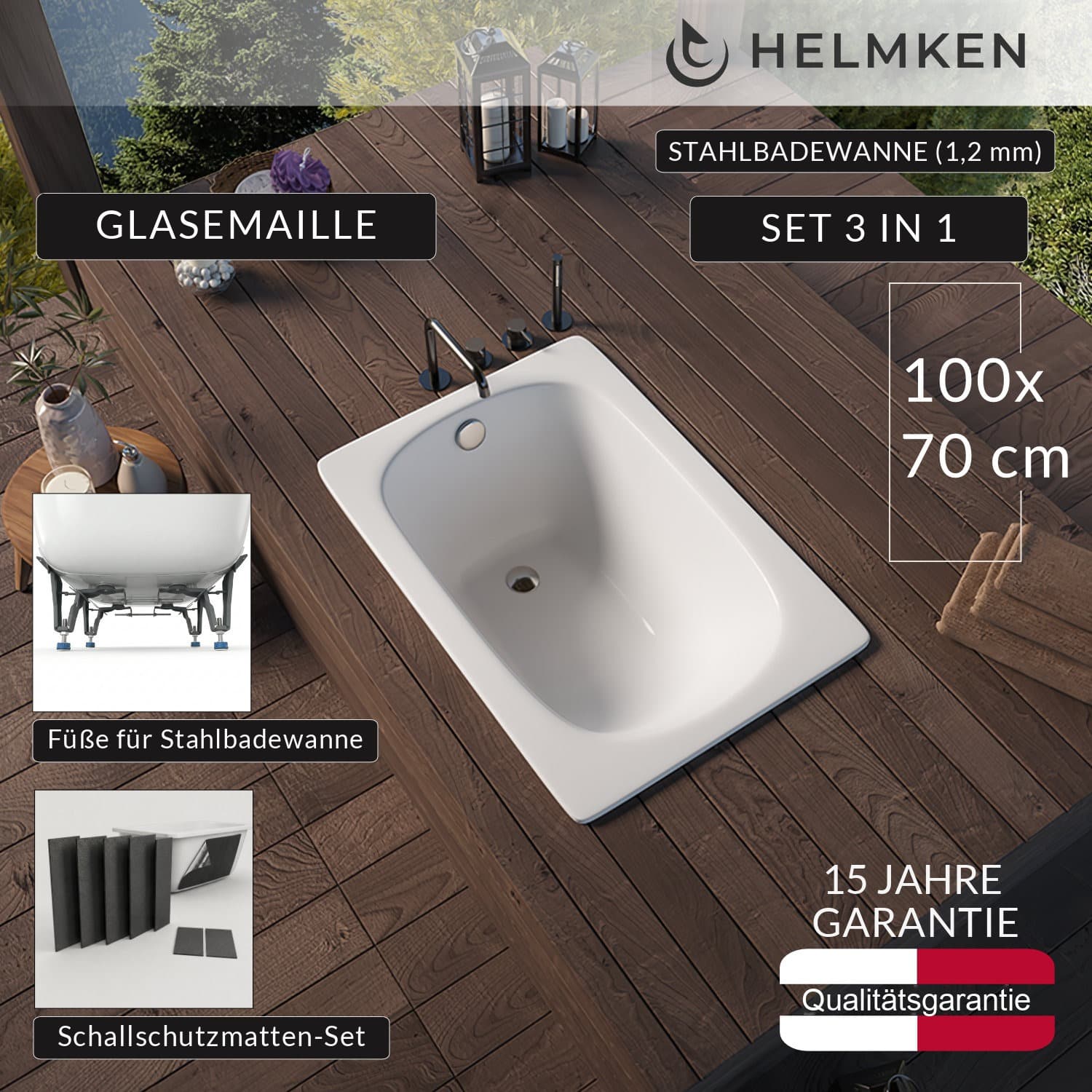 Rechteckige Stahlbadewanne (1,2 mm) Helmken ELLA 100 / B1100, 100 x 70 cm + Wannenfüße + Schallschutzmatten-Set