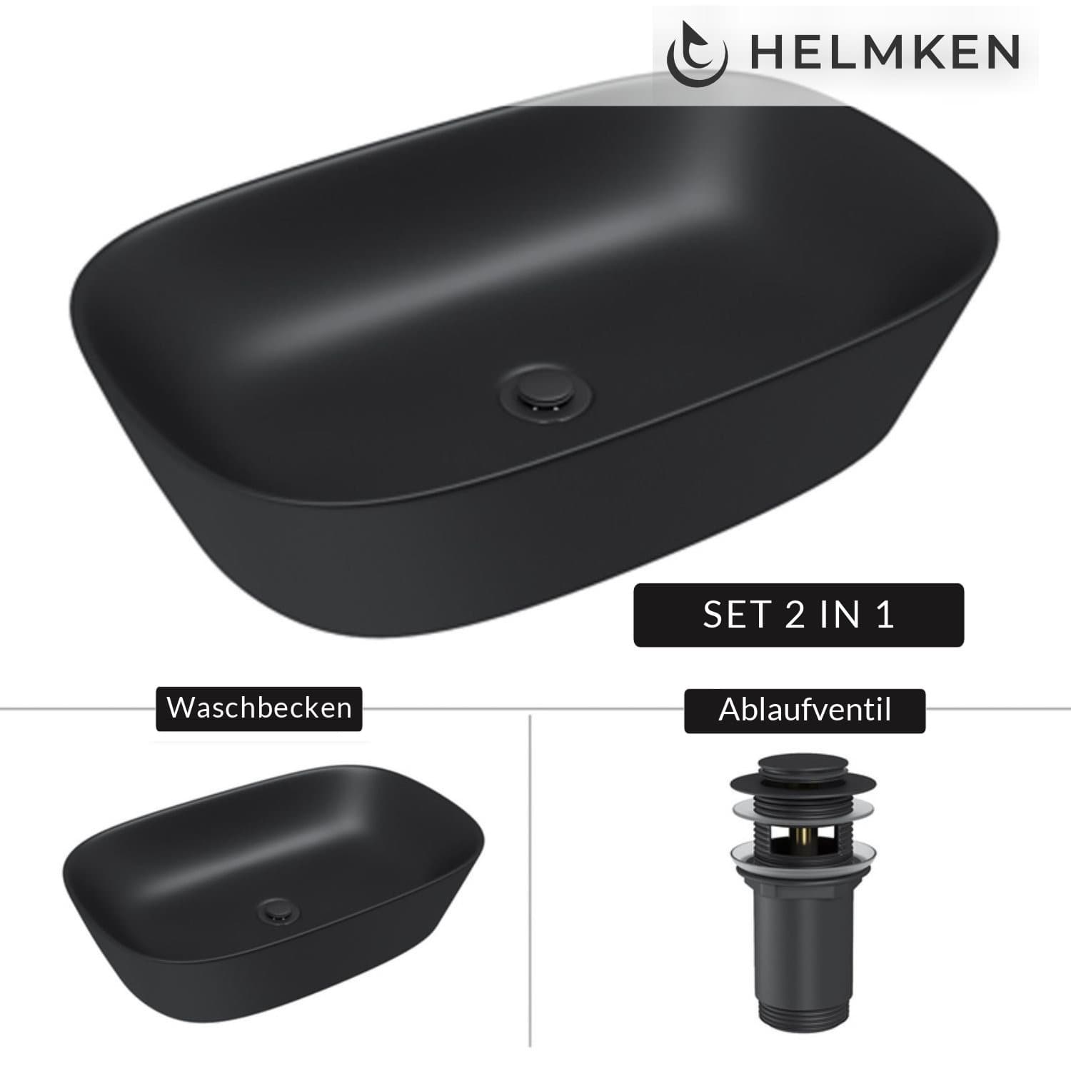 Aufsatzwaschbecken Helmken 39360001, 60 x 38 cm, Schwarz + Click-Clack-Ventil Schwarz matt