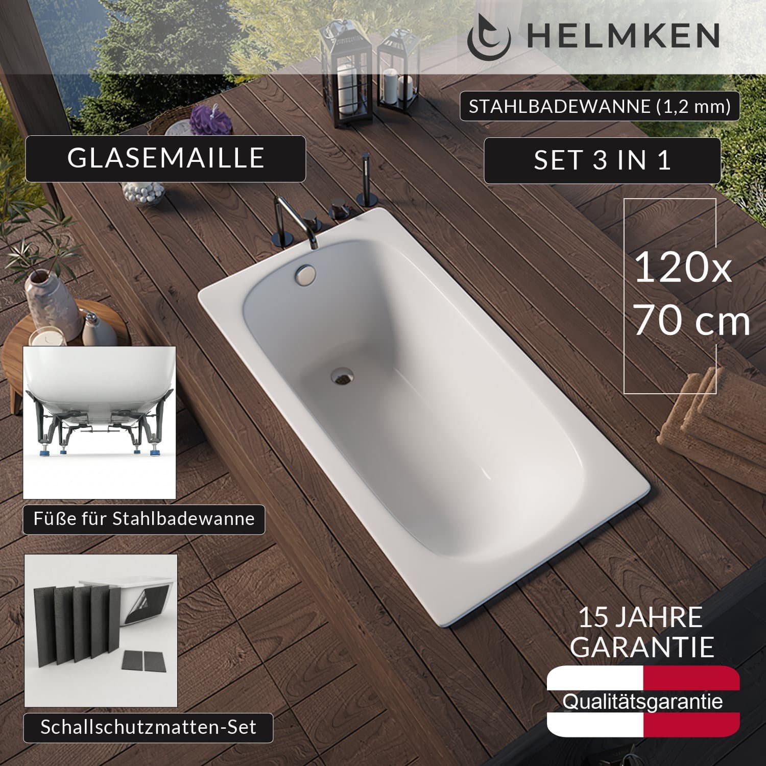 Rechteckige Stahlbadewanne (1,2 mm) Helmken ELLA 120 / B1120, 120 x 70 cm + Wannenfüße + Schallschutzmatten-Set