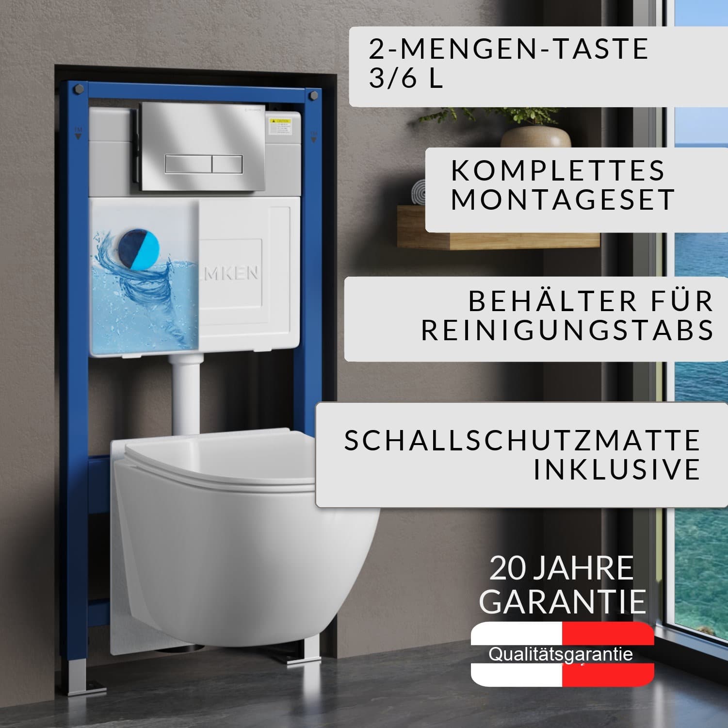 Vorwand-WC-Set Helmken 6-in-1: Vorwandelement, Betätigungsplatte Satin (HD), spülrandloses Wand-WC Rimless 35103001, WC-Sitz mit Absenkautomatik, Box für WC-Hygienewürfel, Schallschutzmatte