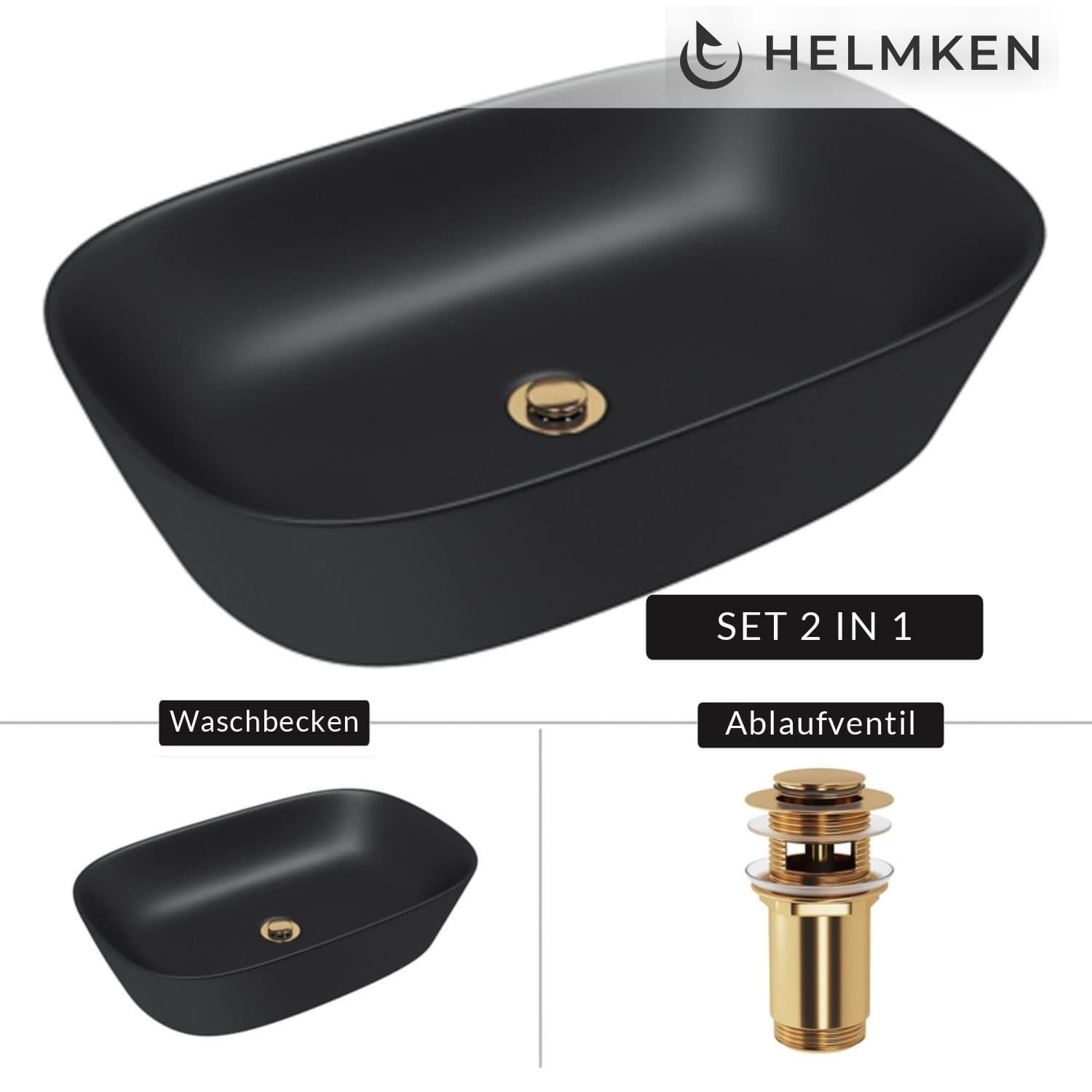 Aufsatzwaschbecken Helmken 39360001, 60 x 38 cm, Schwarz + Click-Clack-Ventil Gold