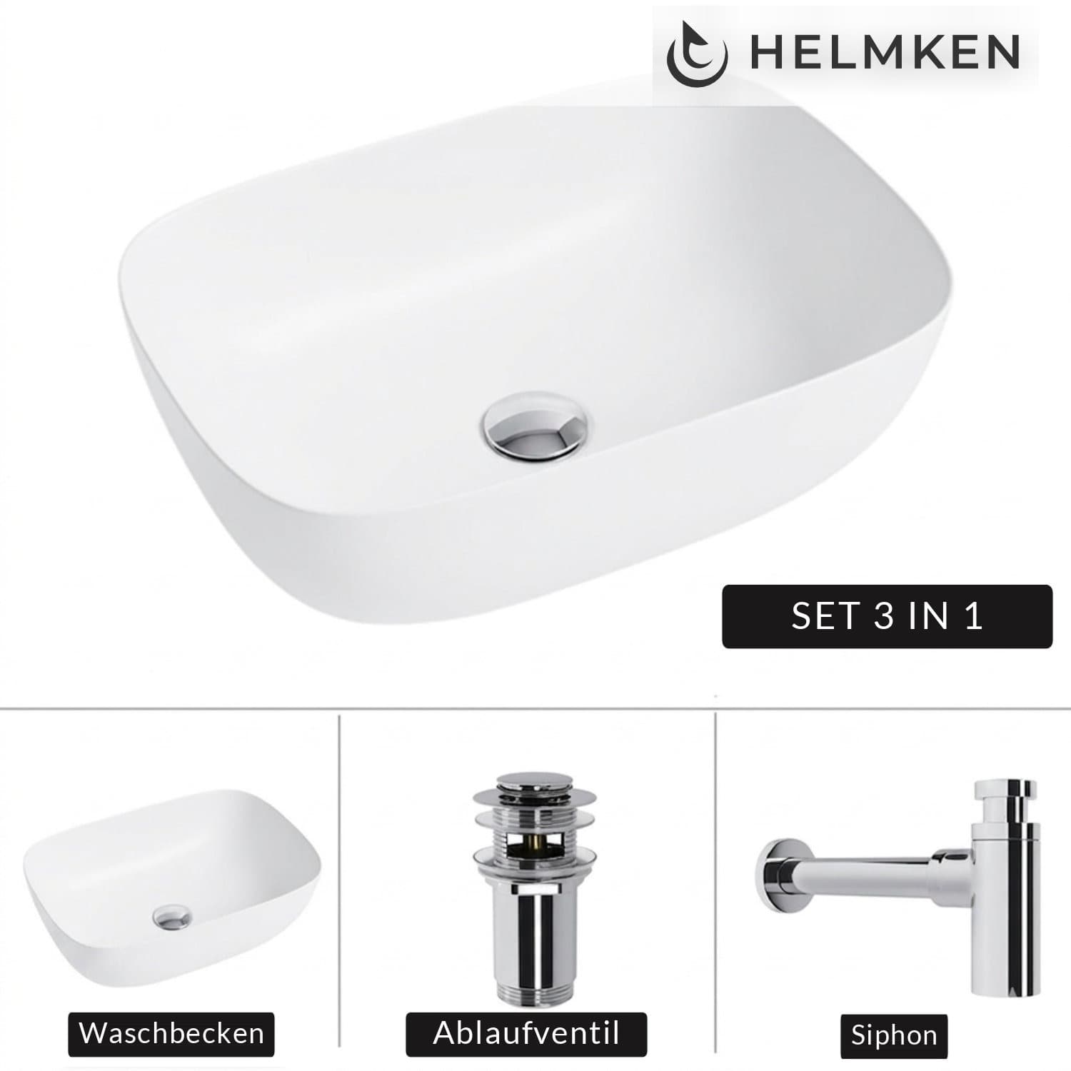 Aufsatzwaschbecken Helmken 49346000, 46 x 32 cm, Weiß + Siphon Chrom + Click-Clack-Ventil Chrom