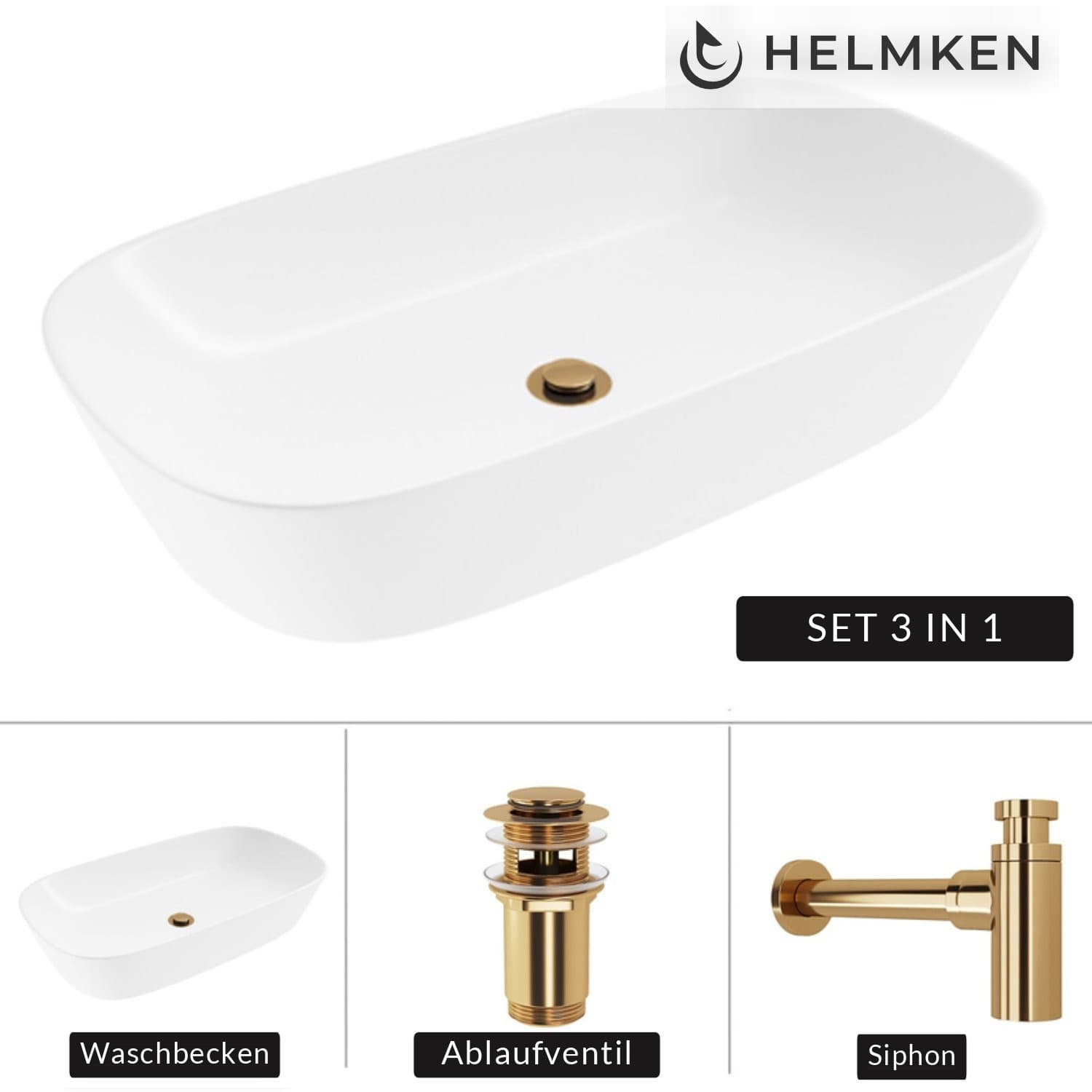Aufsatzwaschbecken Helmken 39370000, 70 x 38 cm, Weiß + Siphon Gold + Click-Clack-Ventil Gold