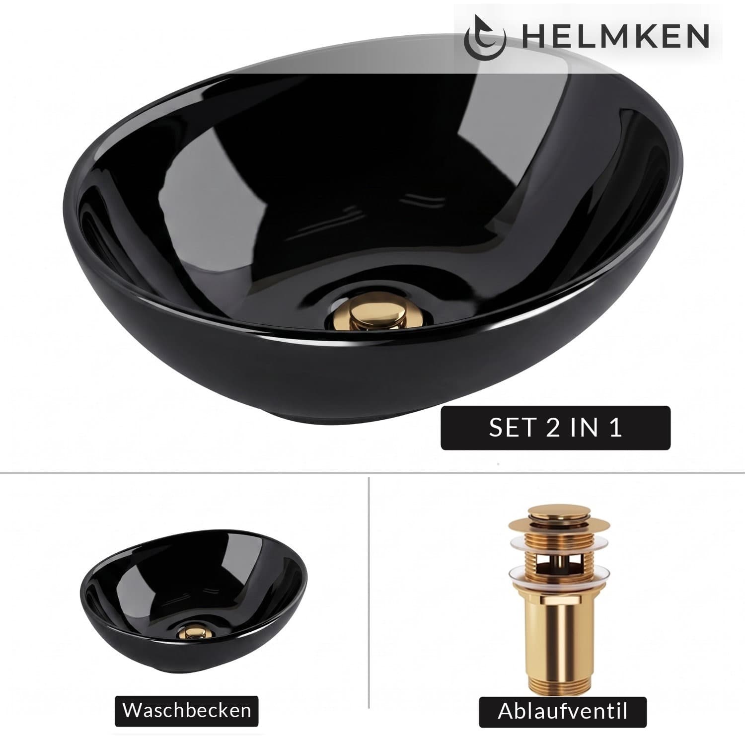 Aufsatzwaschbecken Helmken 65241001, 41 x 34 cm, Schwarz + Click-Clack-Ventil Gold