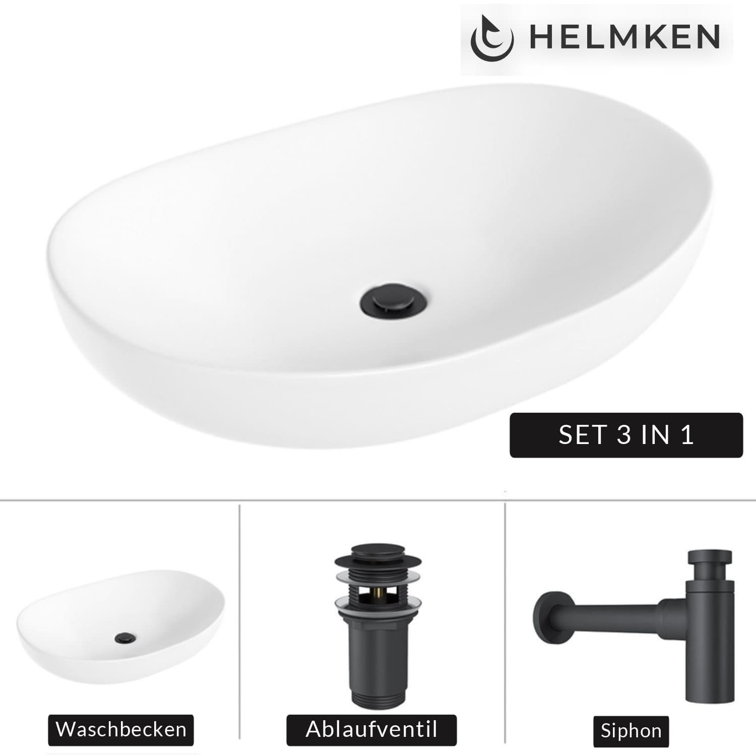 Aufsatzwaschbecken Helmken 50263000, 63 x 42 cm, Weiß + Siphon Schwarz matt + Click-Clack-Ventil Schwarz matt