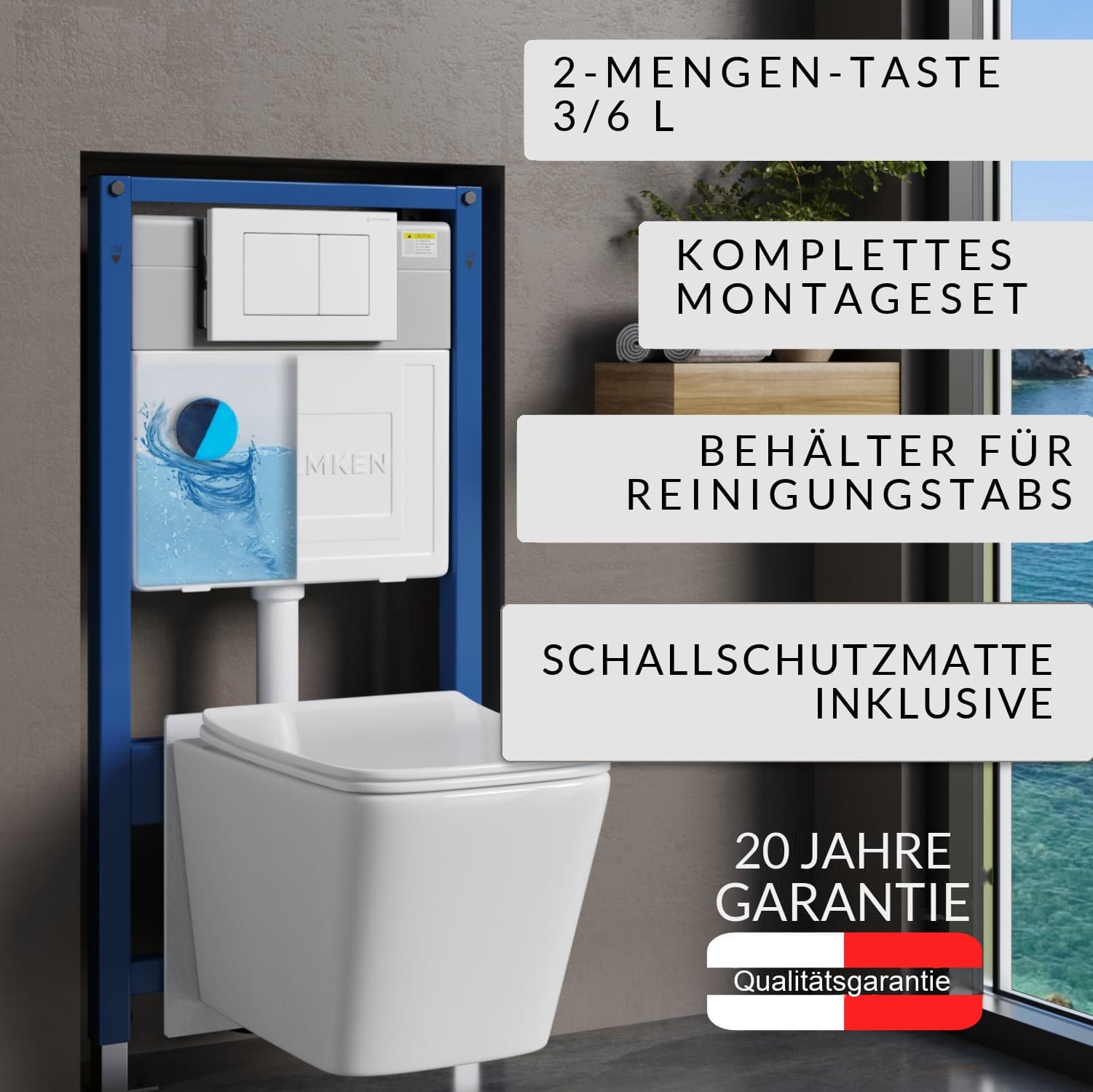 WC-Vorwandelement Helmken 35120001 im 6-in-1-Set: Betätigungsplatte Weiß (J), spülrandloses Wand-WC Rimless, WC-Sitz mit Absenkautomatik, Box für WC-Hygienewürfel, Schallschutzmatte