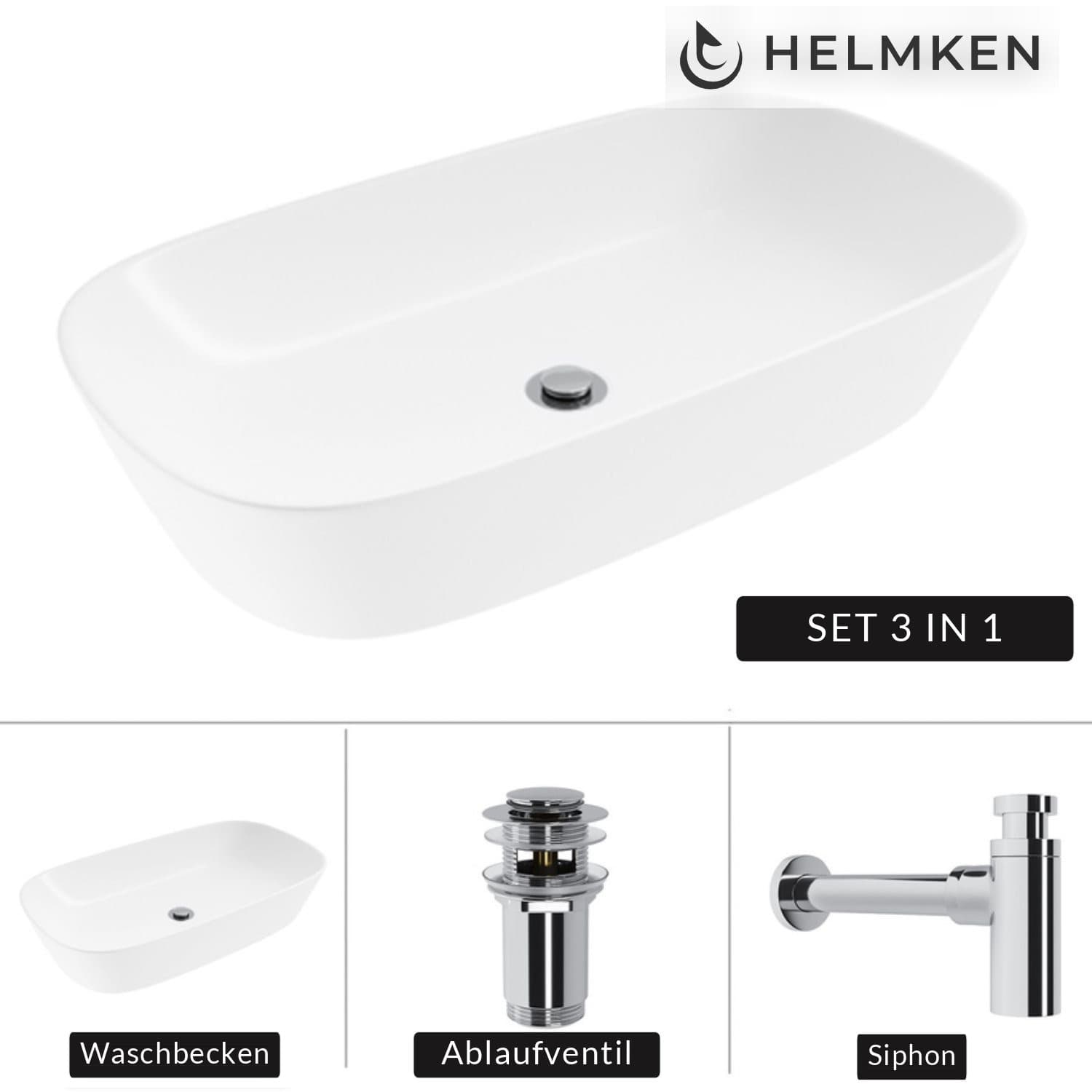 Aufsatzwaschbecken Helmken 39370000, 70 x 38 cm, Weiß + Siphon Chrom + Click-Clack-Ventil Chrom