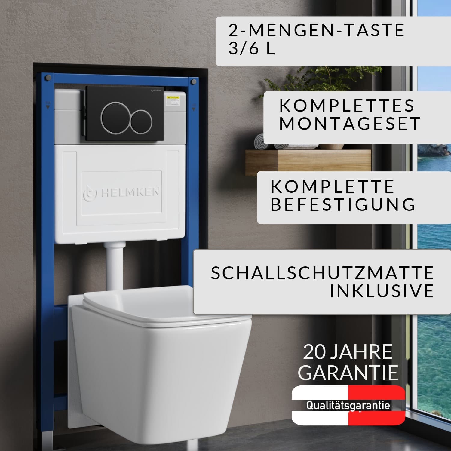 Vorwand-WC-Set Helmken 5-in-1: Vorwandelement, Betätigungsplatte Schwarz matt, spülrandloses Wand-WC Rimless 35120001, WC-Sitz mit Absenkautomatik, Schallschutzmatte