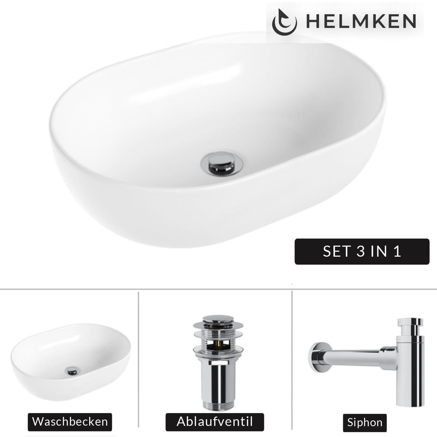 Aufsatzwaschbecken Helmken 83648000, 48 x 34 cm, Weiß + Siphon Chrom + Click-Clack-Ventil Chrom