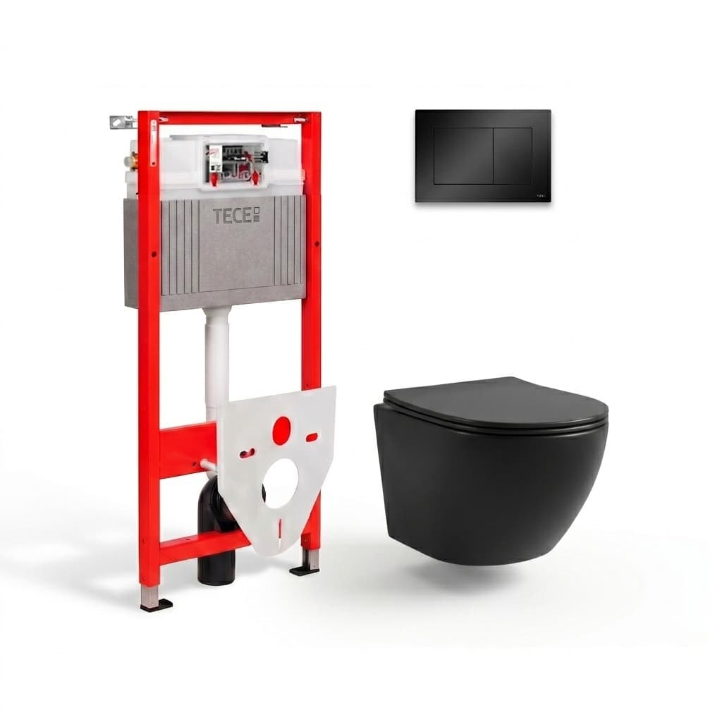 Vorwand-WC-Set 6-in-1: Vorwandelement Tece TECEbase, Betätigungsplatte Schwarz matt 9400414, Wand-WC Helmken 35103001B (Schwarz matt), WC-Sitz mit Absenkautomatik, Schallschutzmatte, Montageset