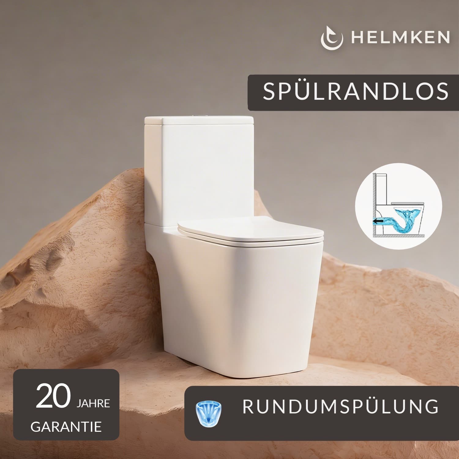 Spülrandlose Stand-WC-Kombination Helmken 35900001, mit schnell abnehmbarem WC-Sitz aus Polypropylen mit Absenkautomatik, Sanitärkeramik, Spritzschutzsystem, waagerechter Abgang (in die Wand)