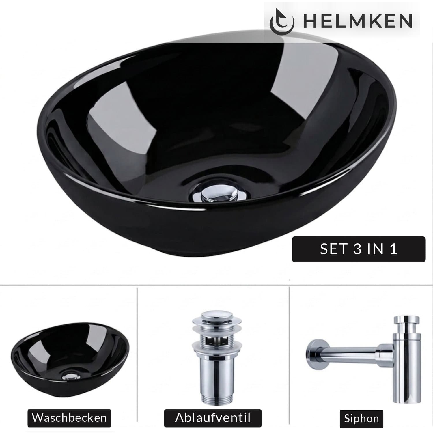 Aufsatzwaschbecken Helmken 65241001, 41 x 34 cm, Schwarz + Siphon Chrom + Click-Clack-Ventil Chrom