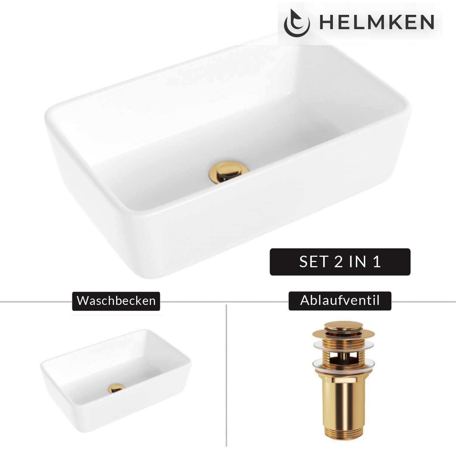 Aufsatzwaschbecken Helmken 67448000, 48 x 29,5 cm, Weiß + Click-Clack-Ventil Gold