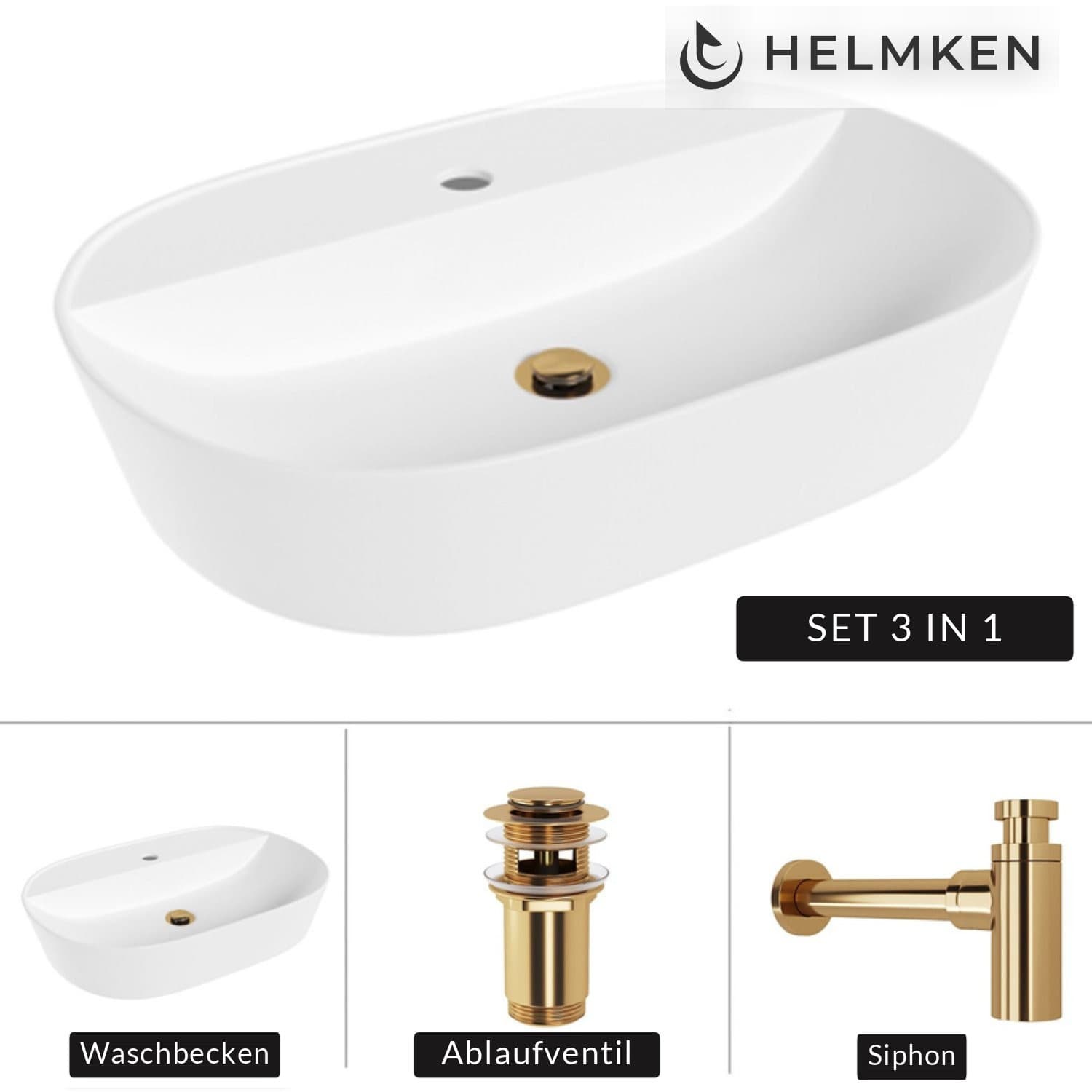 Aufsatzwaschbecken Helmken 46060000, 60 x 40 cm, Weiß + Siphon Gold + Click-Clack-Ventil Gold