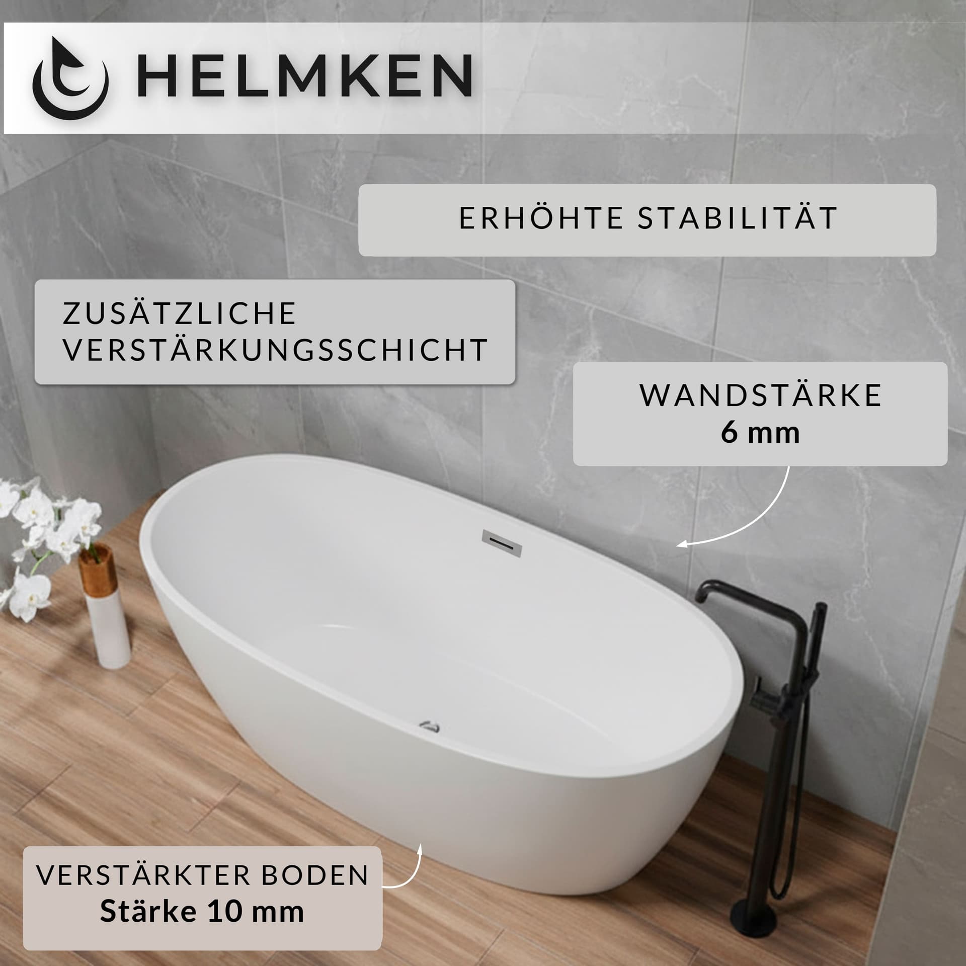 Freistehende Acrylbadewanne Helmken Elysian 150 x 75 cm + Wannenfüße + Ab- und Überlaufgarnitur mit Click-Clack-Ventil / 31360150