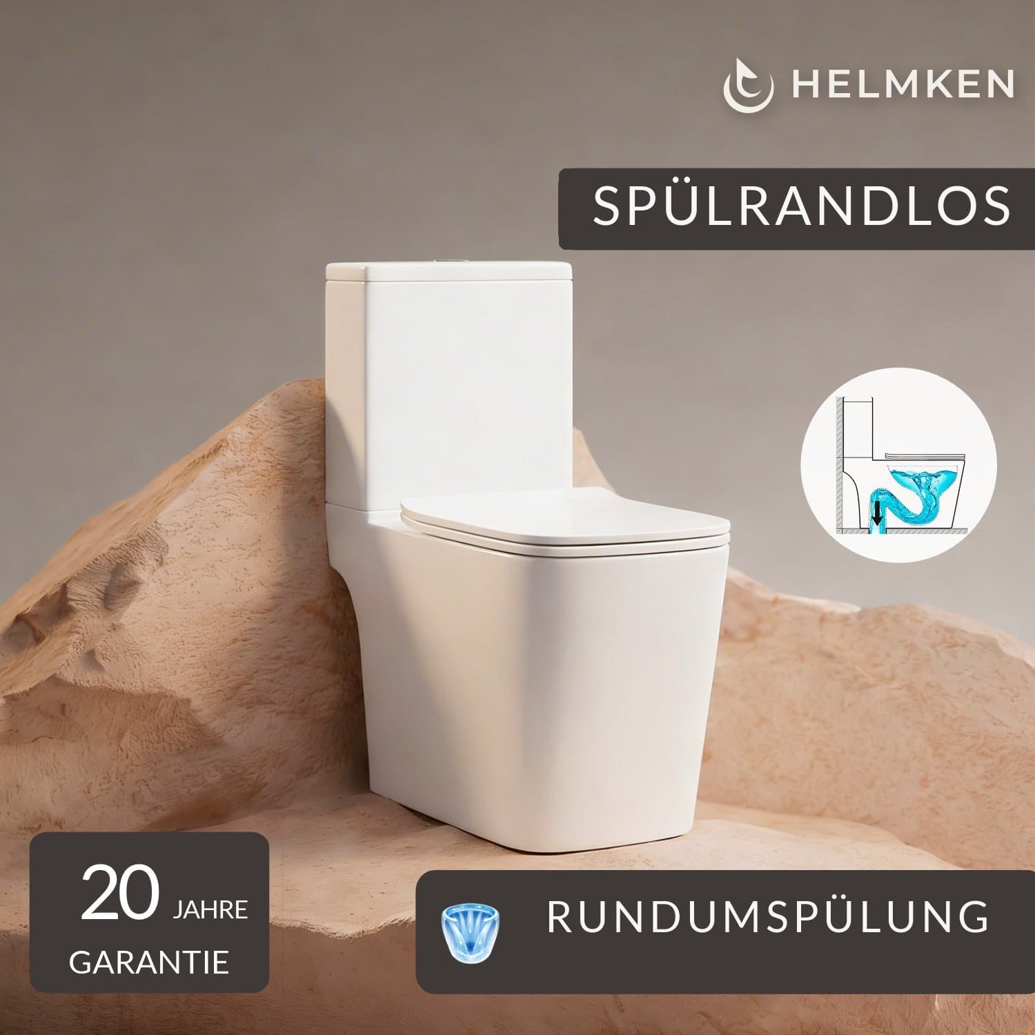 Spülrandlose Stand-WC-Kombination Helmken 35900003, mit schnell abnehmbarem WC-Sitz aus Polypropylen mit Absenkautomatik, Sanitärkeramik, Spritzschutzsystem, senkrechter Abgang (im Boden)