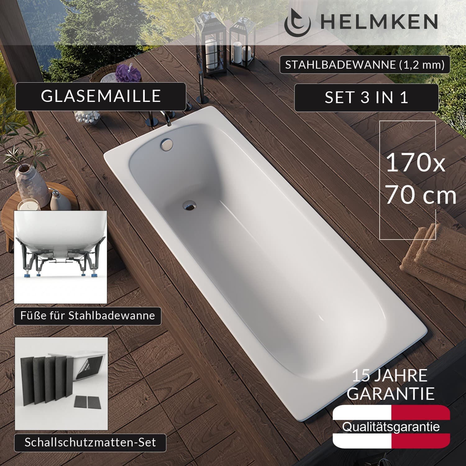 Rechteckige Stahlbadewanne (1,2 mm) Helmken ELLA 170 / B1170, 170 x 70 cm + Wannenfüße + Schallschutzmatten-Set