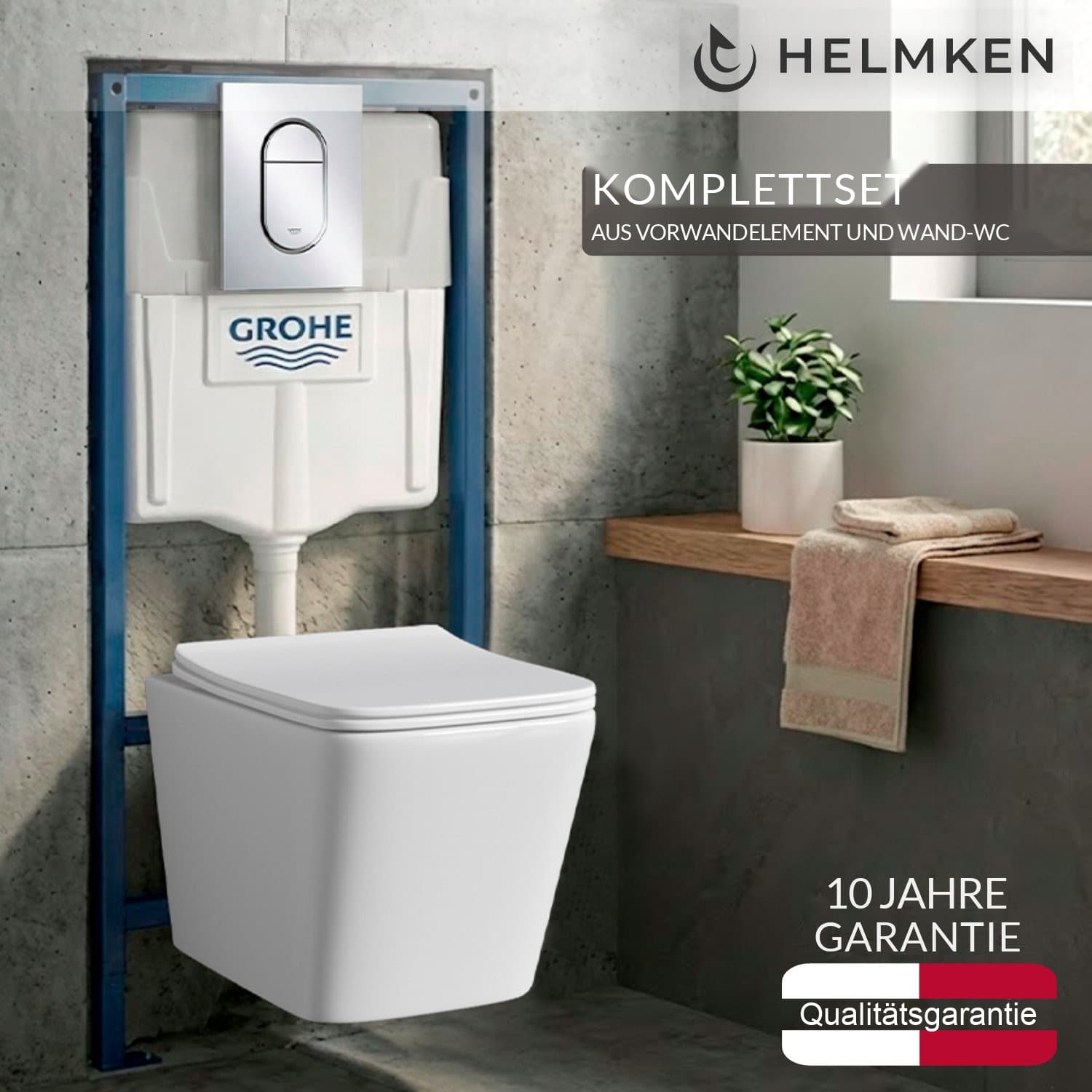 Vorwand-WC-Set 4-in-1: Vorwandelement Grohe, Betätigungsplatte Chrom 39702000, spülrandloses Wand-WC Helmken 35120001 (Weiß), WC-Sitz aus Duroplast mit Absenkautomatik