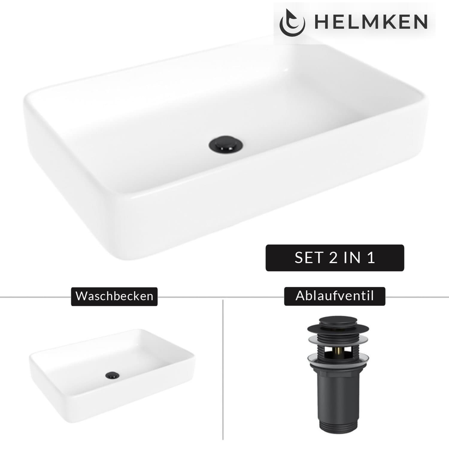 Aufsatzwaschbecken Helmken 84261000, 61,5 x 41 cm, Weiß + Click-Clack-Ventil Schwarz matt