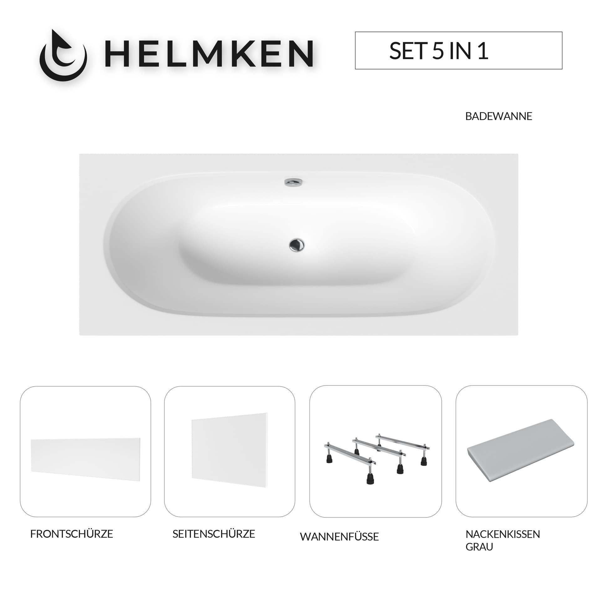 Acrylbadewanne Helmken Vienna 160 x 75 cm + Front- und Seitenschürze Weiß + Nackenkissen Grau + Wannenfüße / 23099002ZW