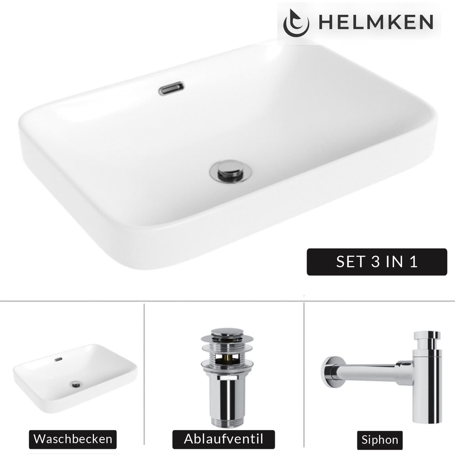 Aufsatzwaschbecken Helmken 441A52000, 52 x 36 cm, Weiß + Siphon Chrom + Click-Clack-Ventil Chrom