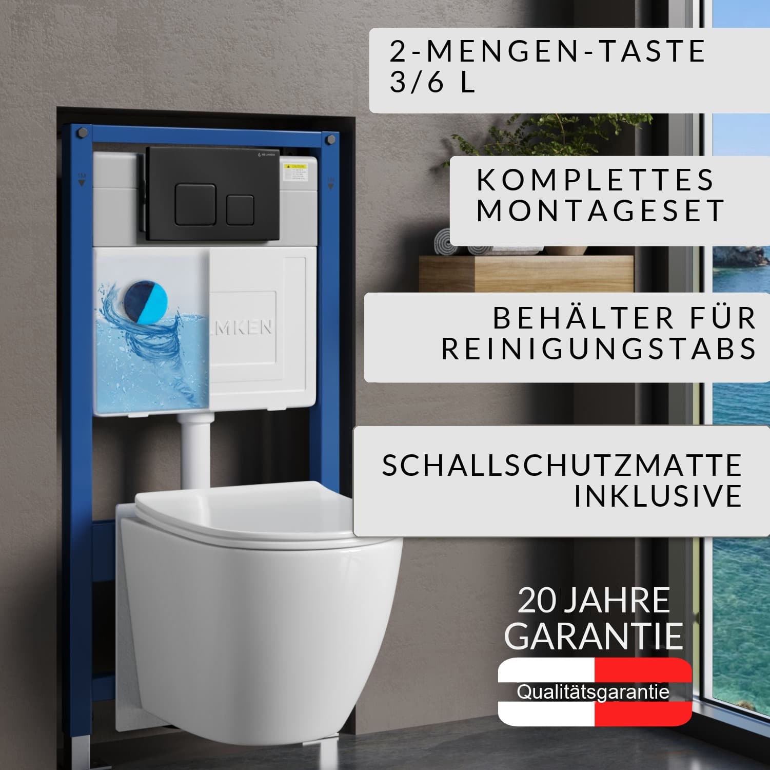 WC-Vorwandelement Helmken 35490101 im 6-in-1-Set: Betätigungsplatte Schwarz matt (F), spülrandloses Wand-WC Rimless, WC-Sitz mit Absenkautomatik, Box für WC-Hygienewürfel, Schallschutzmatte