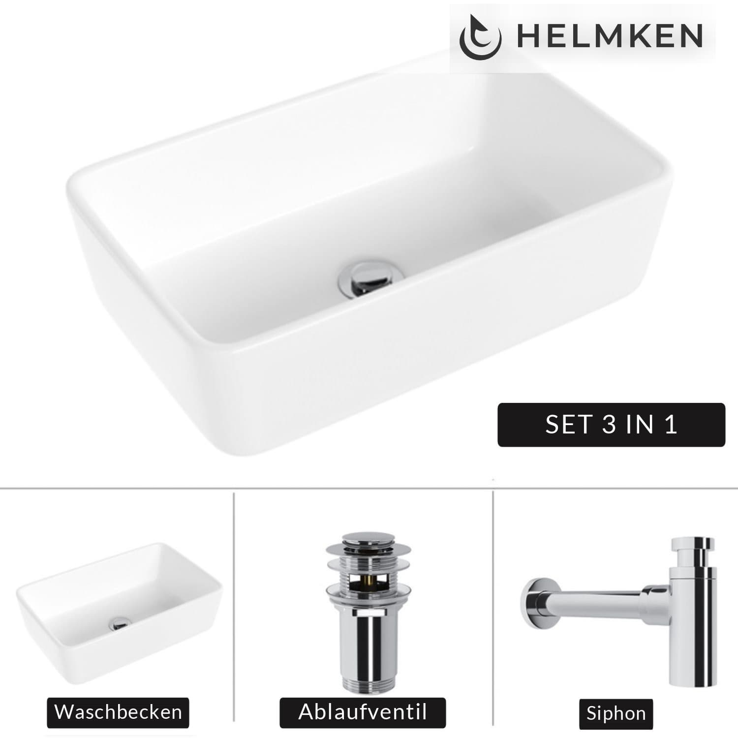 Aufsatzwaschbecken Helmken 67448000, 48 x 29,5 cm, Weiß + Siphon Chrom + Click-Clack-Ventil Chrom