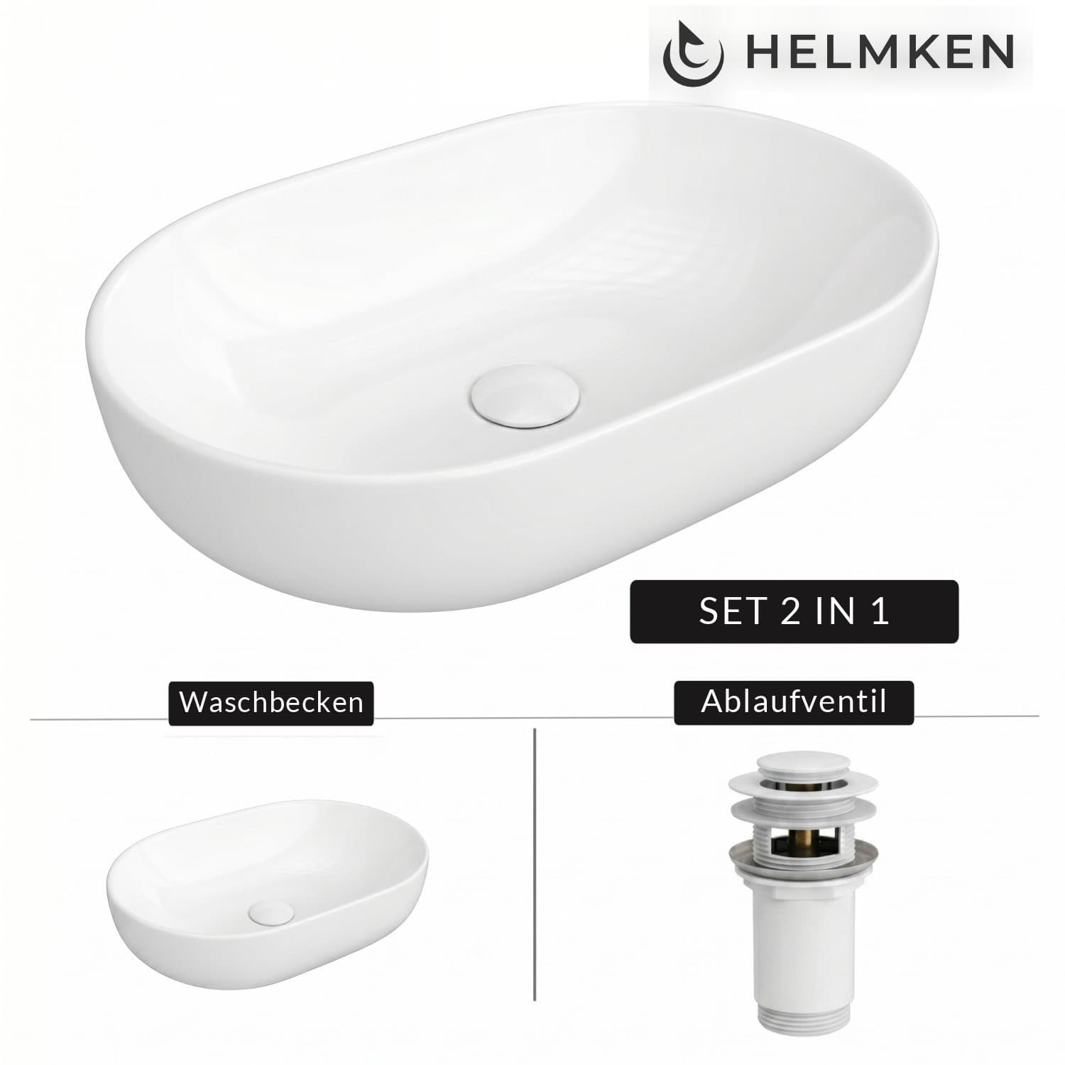 Aufsatzwaschbecken Helmken 83660000, 60 x 42,5 cm, Weiß + Click-Clack-Ventil Weiß