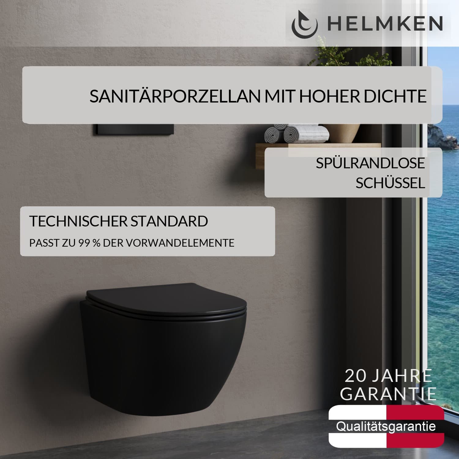 Wand-WC Helmken 35103001B, mit WC-Sitz aus Duroplast mit Absenkautomatik, Schwarz matt