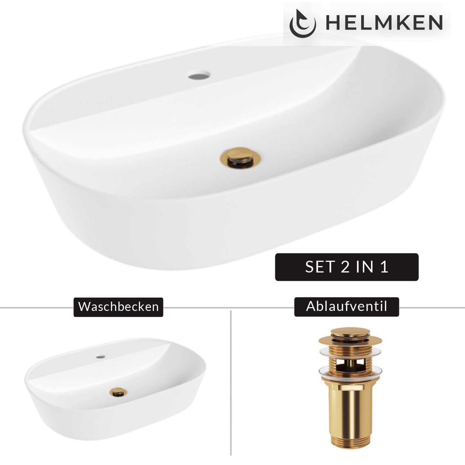 Aufsatzwaschbecken Helmken 46060000, 60 x 40 cm, Weiß + Click-Clack-Ventil Gold