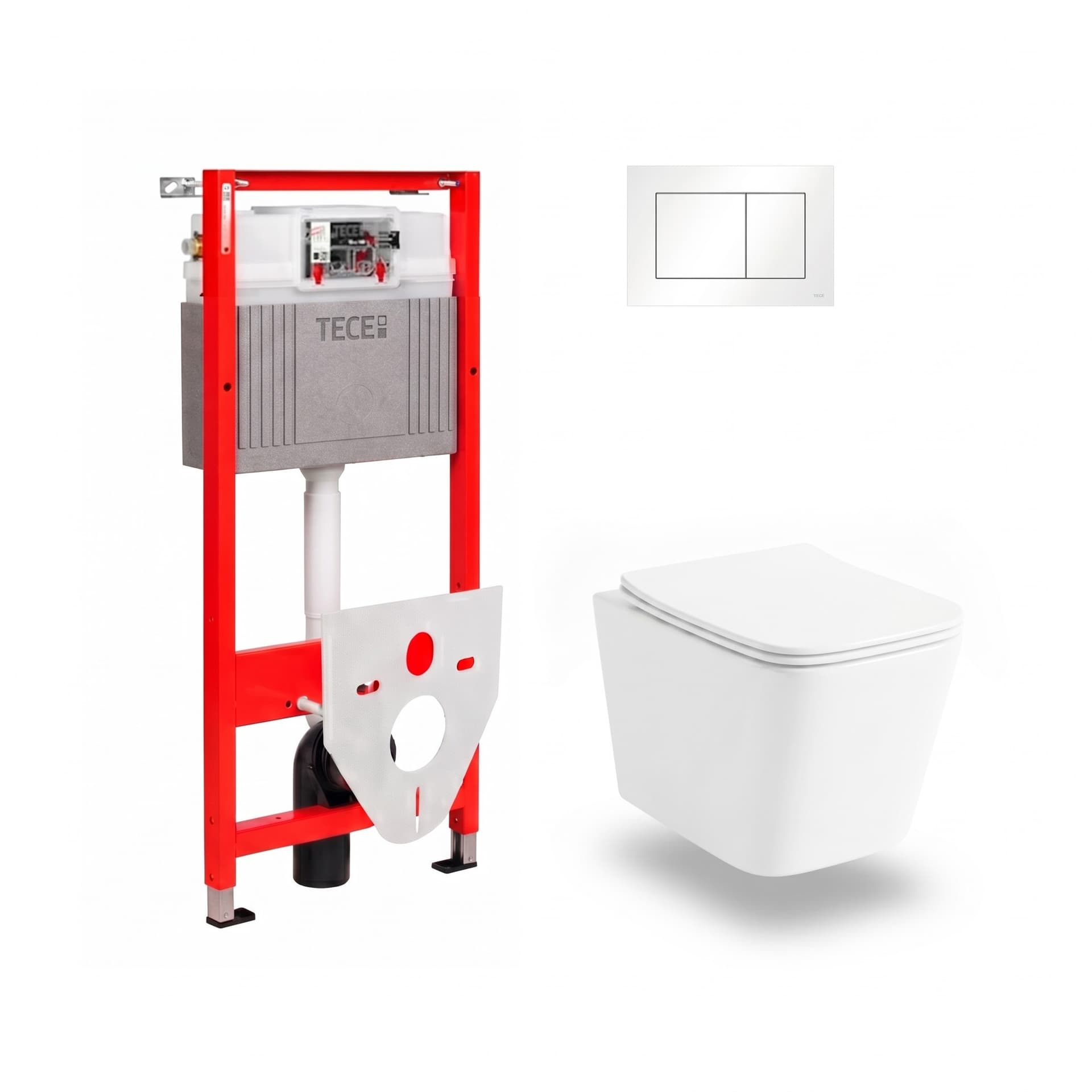 Vorwand-WC-Set 6-in-1: Vorwandelement Tece TECEbase, Betätigungsplatte Weiß 9400413, Wand-WC Helmken 35120001 (Weiß), WC-Sitz mit Absenkautomatik, Schallschutzmatte, Montageset