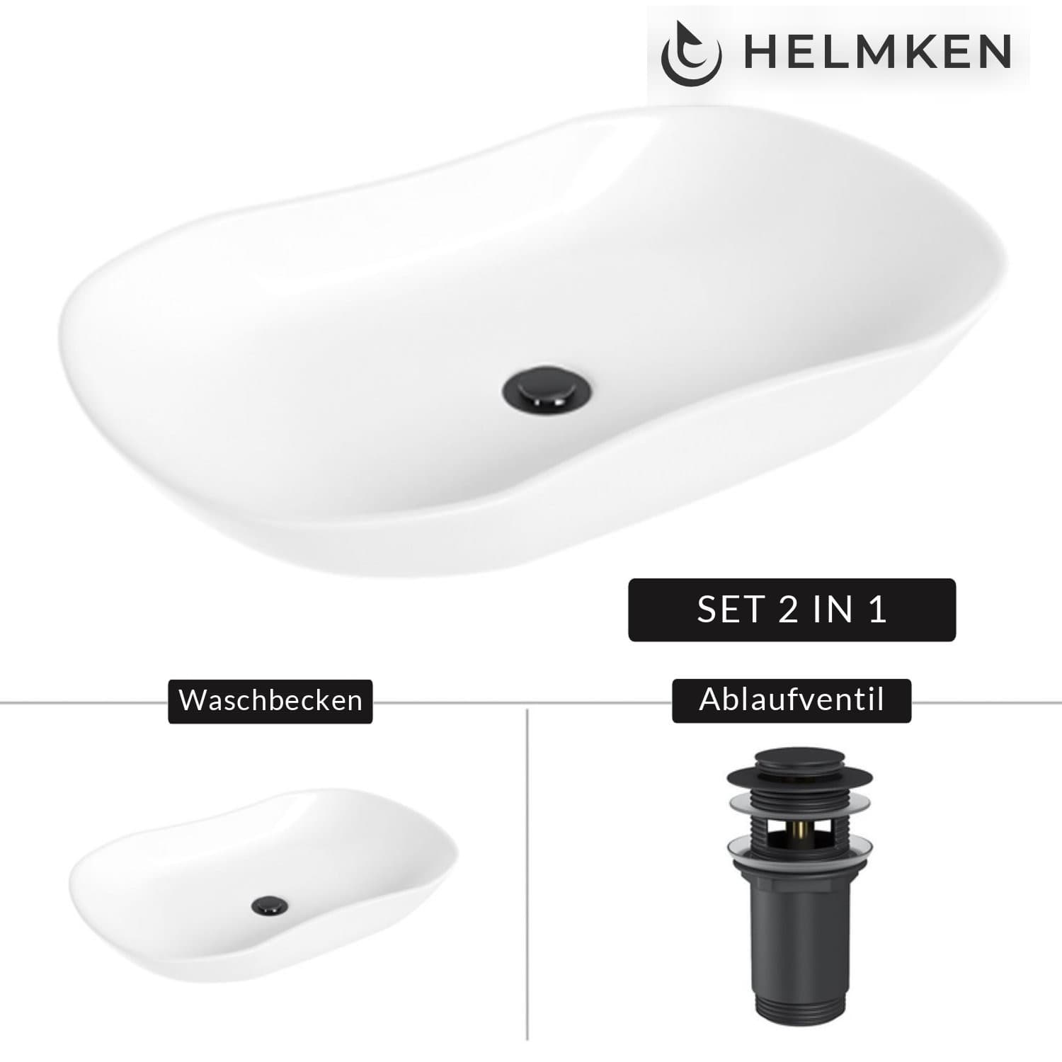Aufsatzwaschbecken Helmken 57066000, 66 x 41 cm, Weiß + Click-Clack-Ventil Schwarz matt