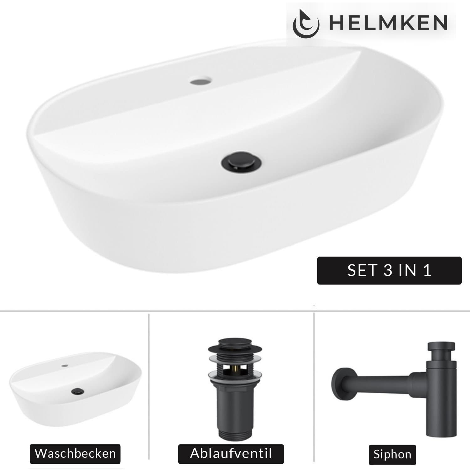 Aufsatzwaschbecken Helmken 46060000, 60 x 40 cm, Weiß + Siphon Schwarz matt + Click-Clack-Ventil Schwarz matt