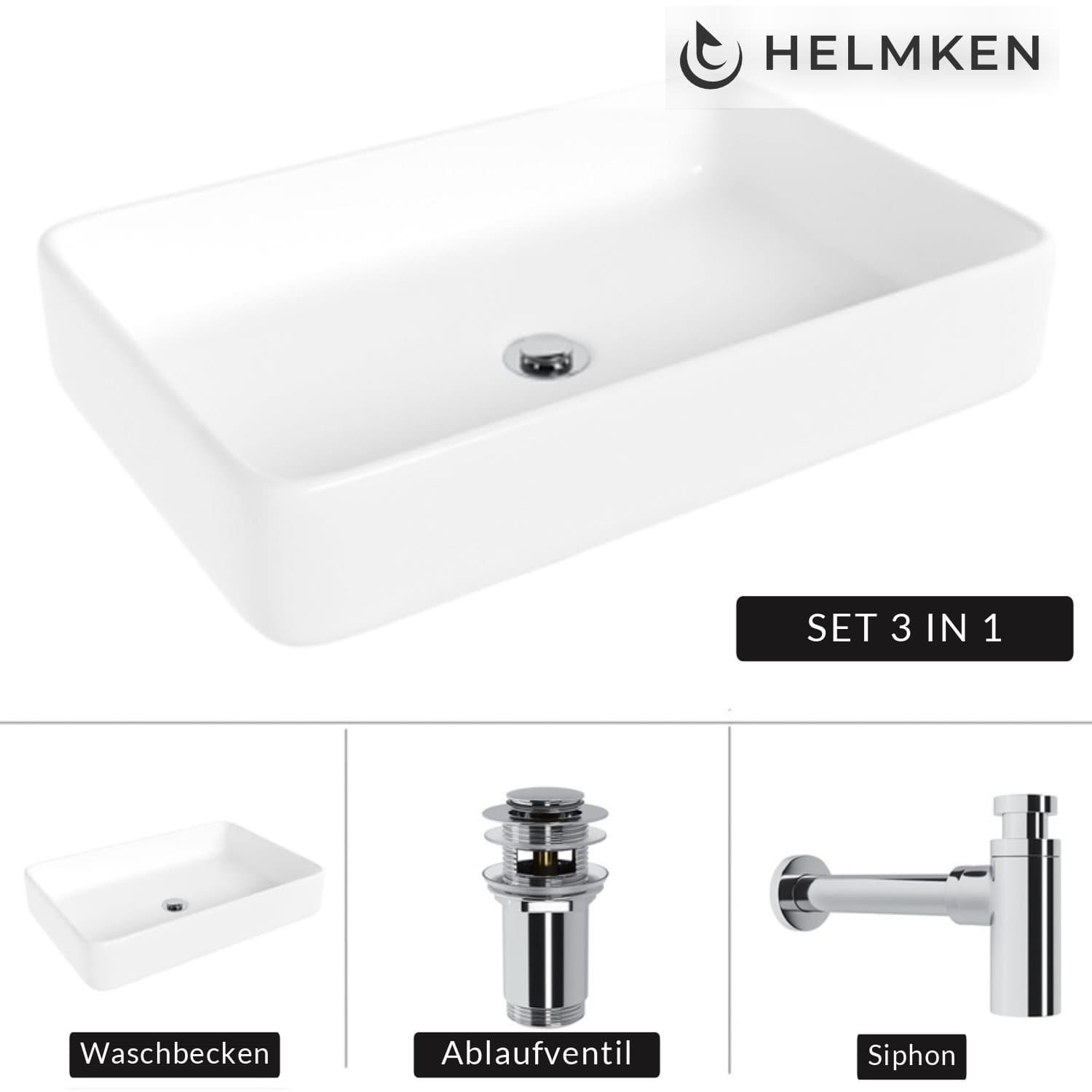 Aufsatzwaschbecken Helmken 84261000, 61,5 x 41 cm, Weiß + Siphon Chrom + Click-Clack-Ventil Chrom