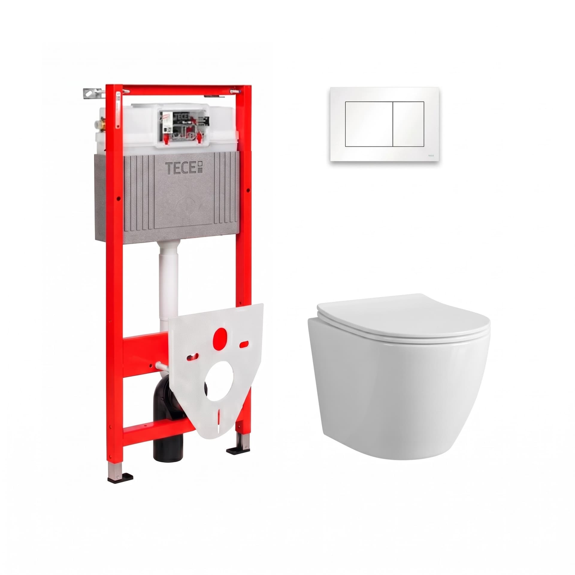 Vorwand-WC-Set 6-in-1: Vorwandelement Tece TECEbase, Betätigungsplatte Weiß 9400413, Wand-WC Helmken 35490101 (Weiß), WC-Sitz mit Absenkautomatik, Schallschutzmatte, Montageset
