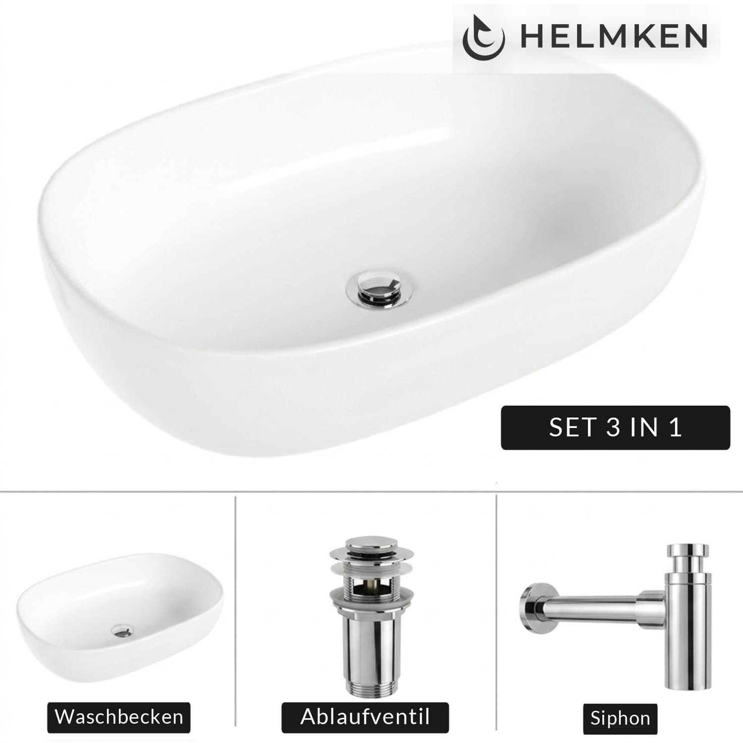 Aufsatzwaschbecken Helmken 83660000, 60 x 42,5 cm, Weiß + Siphon Chrom + Click-Clack-Ventil Chrom