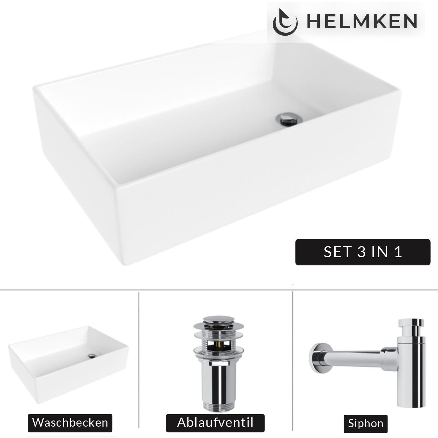 Aufsatzwaschbecken Helmken 51861000, 61 x 40 cm, Weiß + Siphon Chrom + Click-Clack-Ventil Chrom