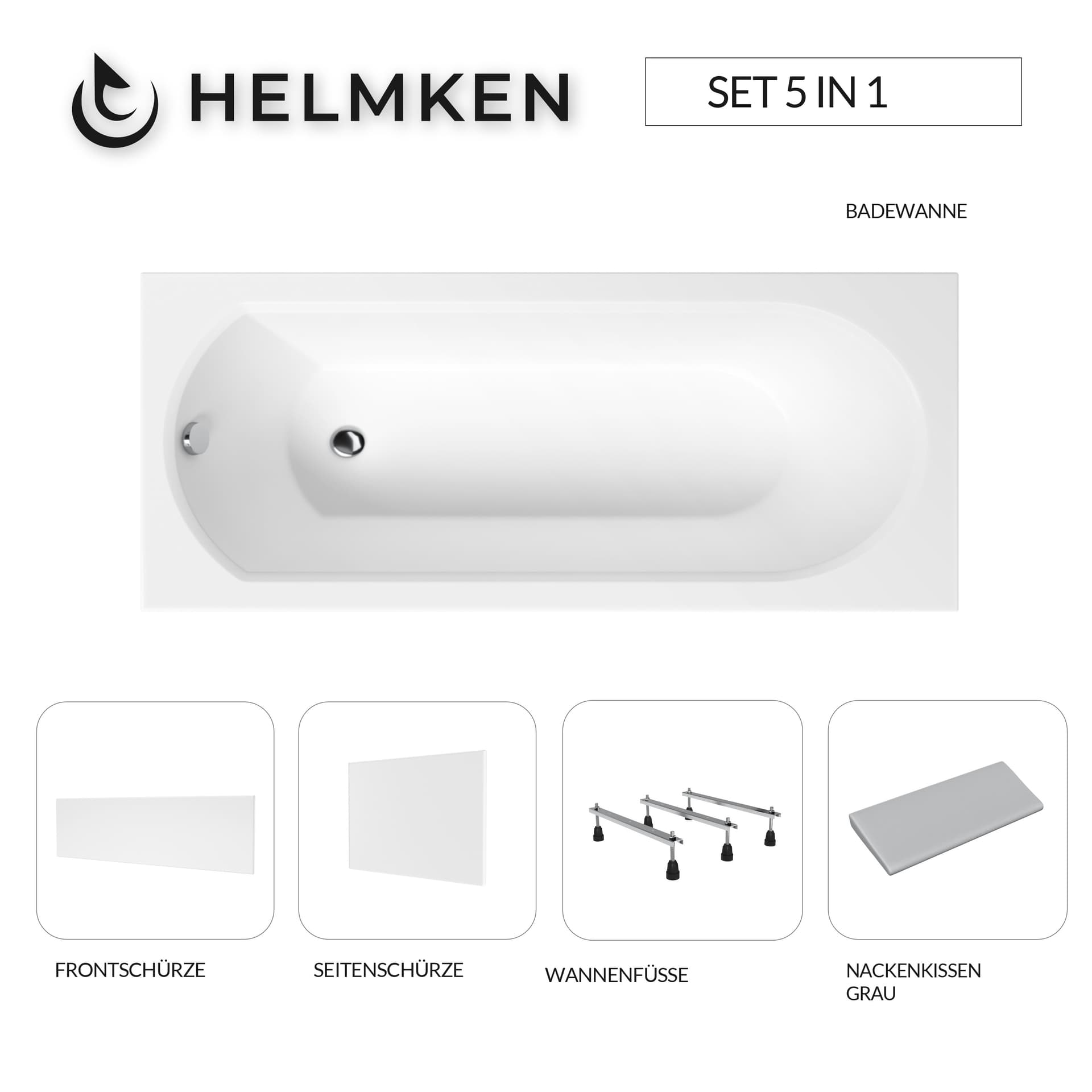 Acrylbadewanne Helmken Tressa 150 x 75 cm + Front- und Seitenschürze Weiß + Nackenkissen Grau + Wannenfüße / 23097001ZW