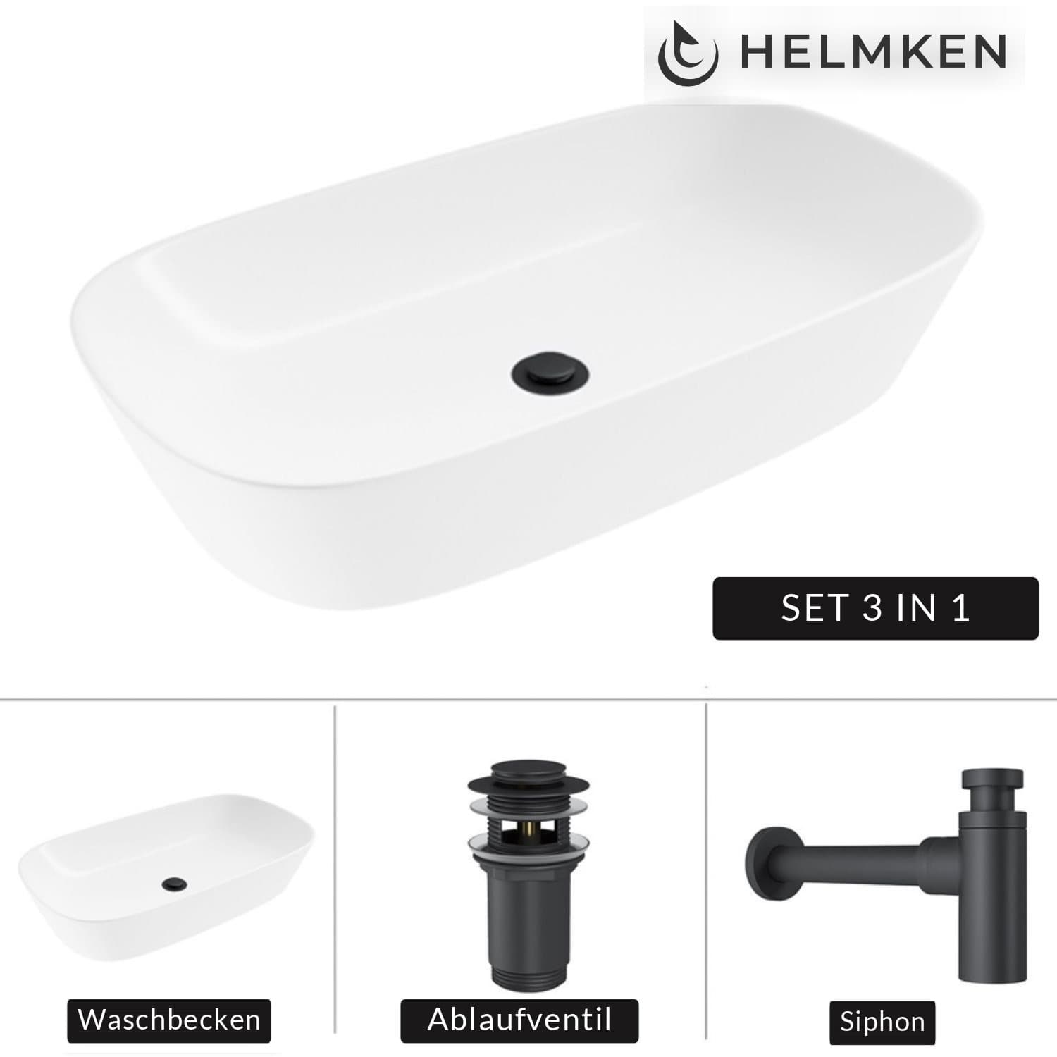 Aufsatzwaschbecken Helmken 39370000, 70 x 38 cm, Weiß + Siphon Schwarz matt + Click-Clack-Ventil Schwarz matt