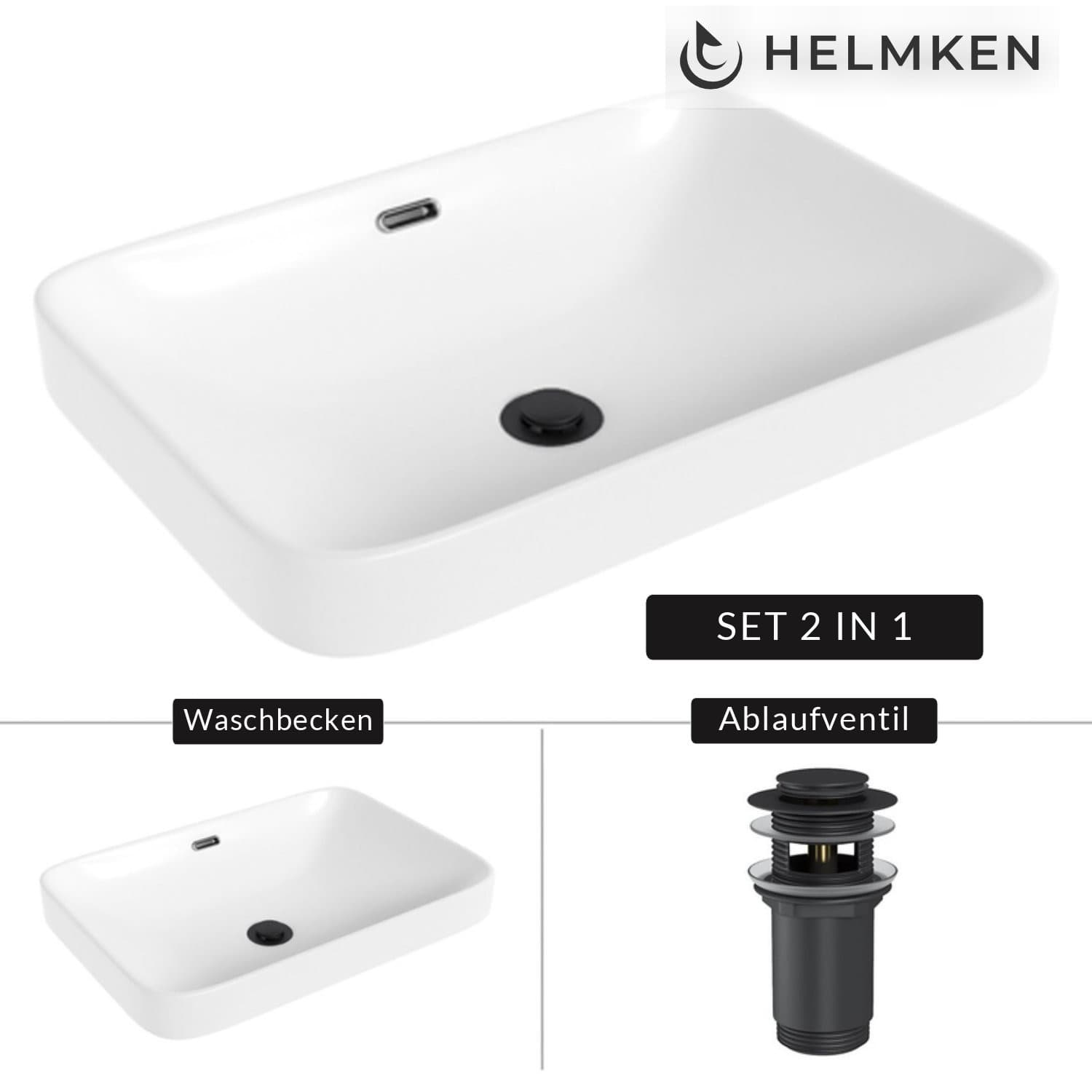 Aufsatzwaschbecken Helmken 441A52000, 52 x 36 cm, Weiß + Click-Clack-Ventil Schwarz matt