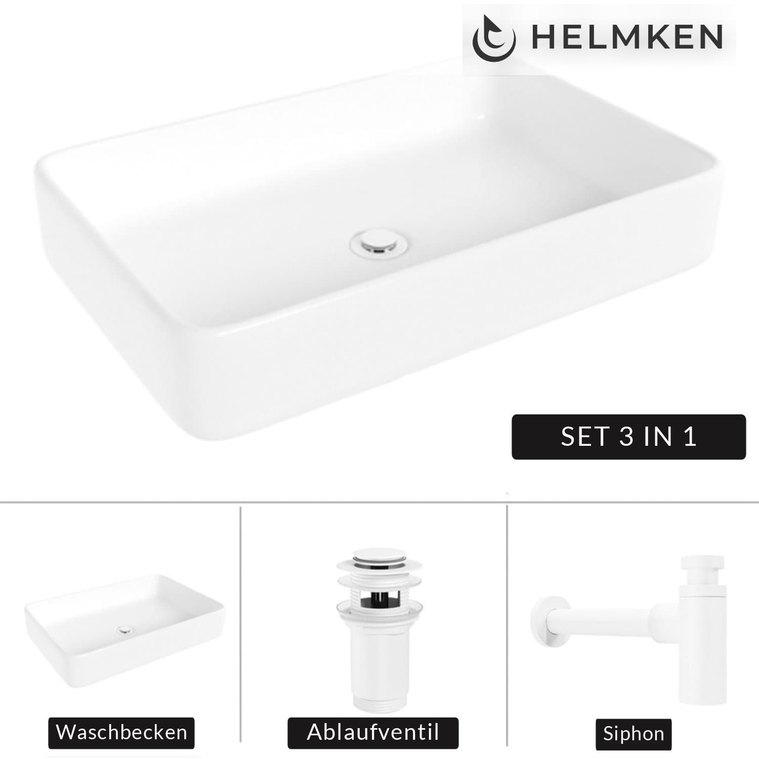 Aufsatzwaschbecken Helmken 84261000, 61,5 x 41 cm, Weiß + Siphon Weiß + Click-Clack-Ventil Weiß